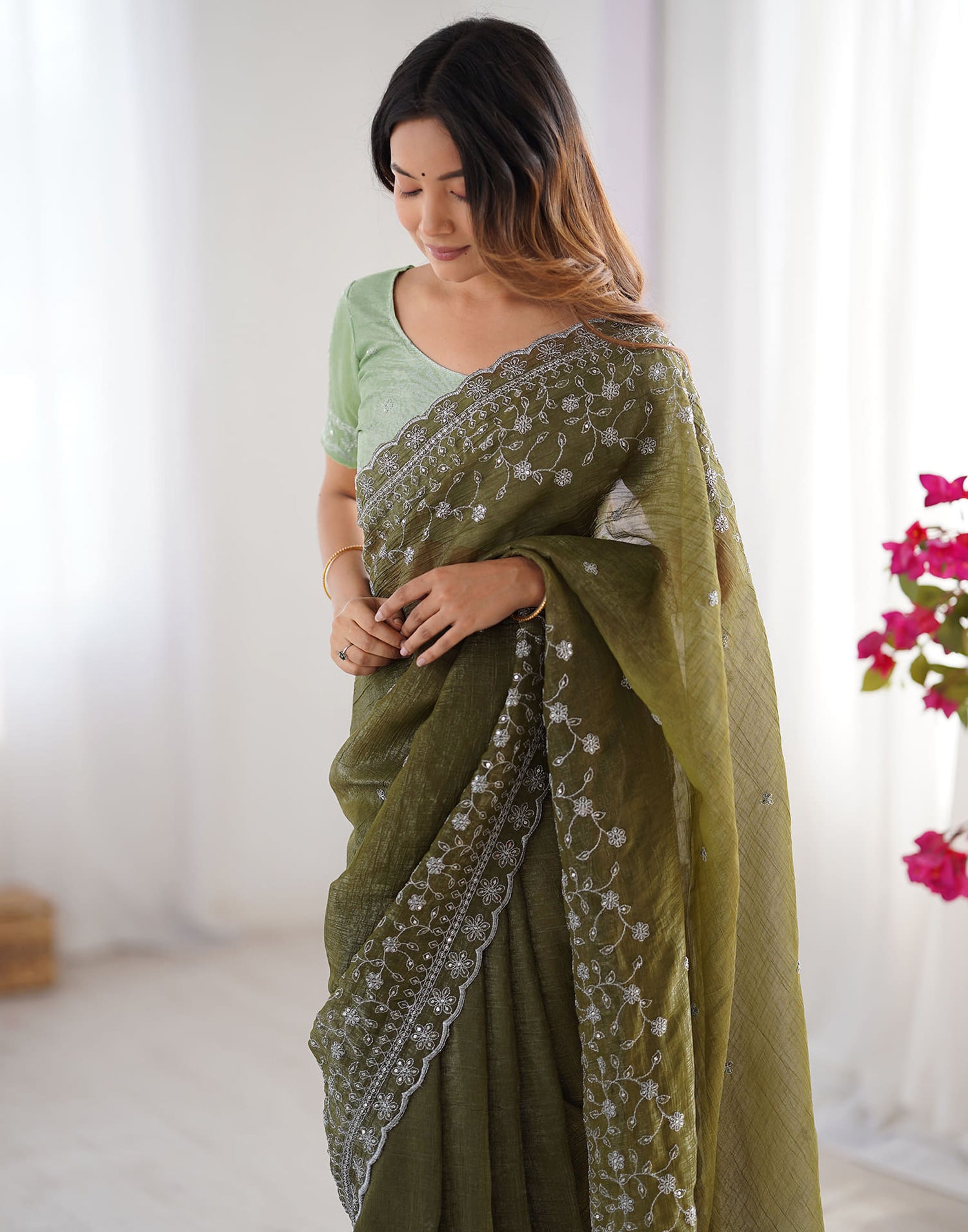 Olive Green Shimmer Sequence Embroidery Saree