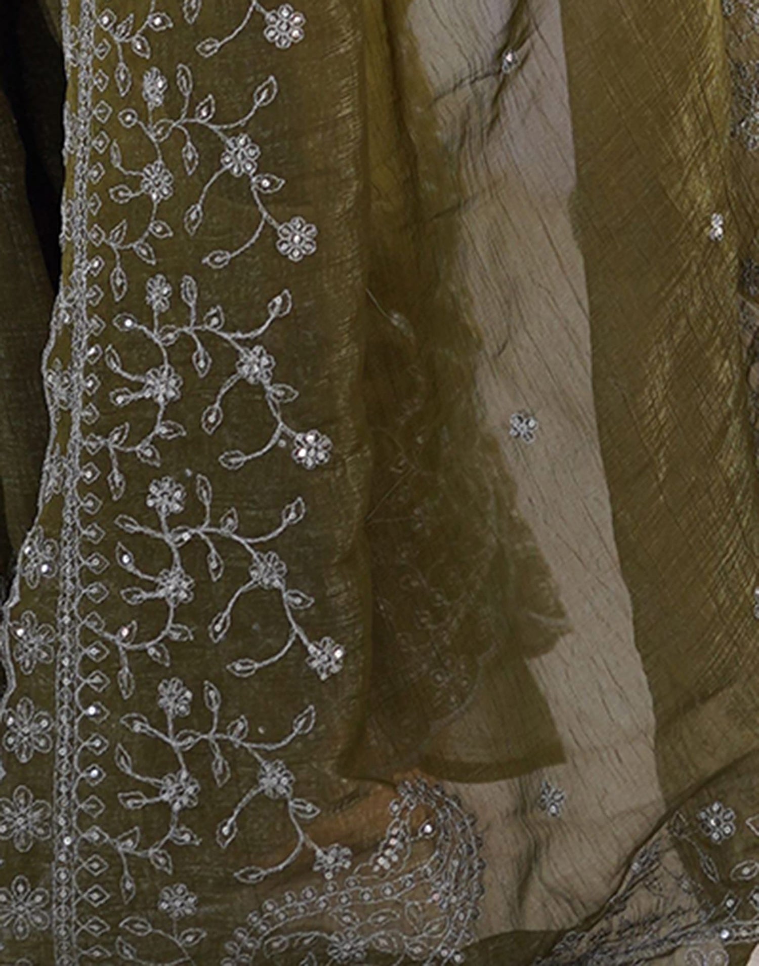 Olive Green Shimmer Sequence Embroidery Saree