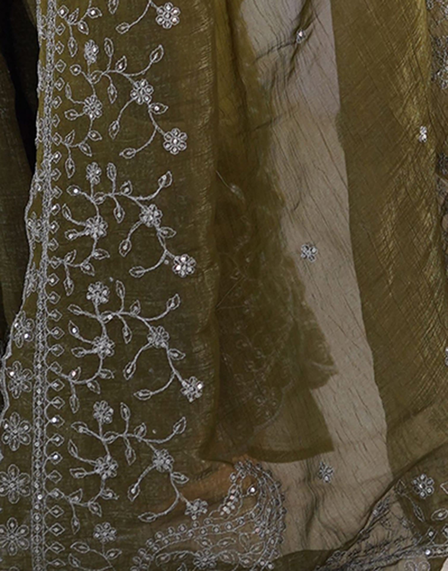 Olive Green Shimmer Sequence Embroidery Saree