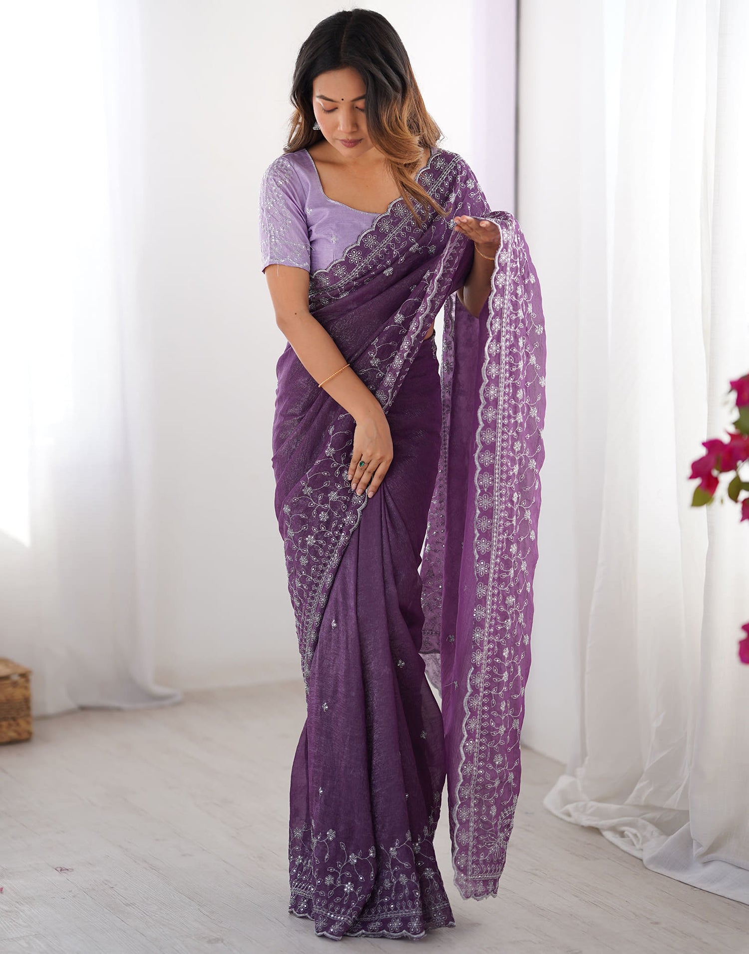 Purple Shimmer Sequence Embroidery Saree