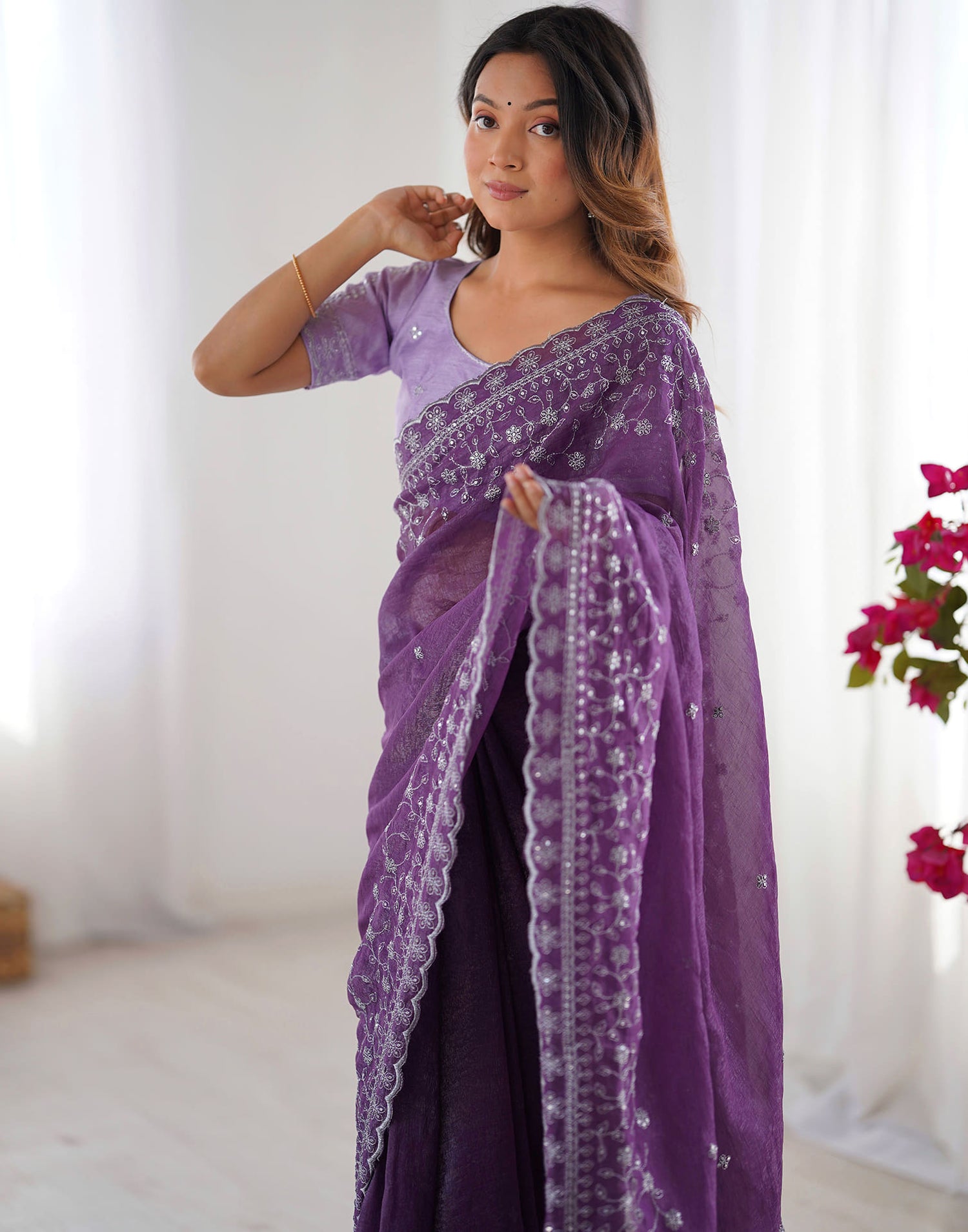 Purple Shimmer Sequence Embroidery Saree