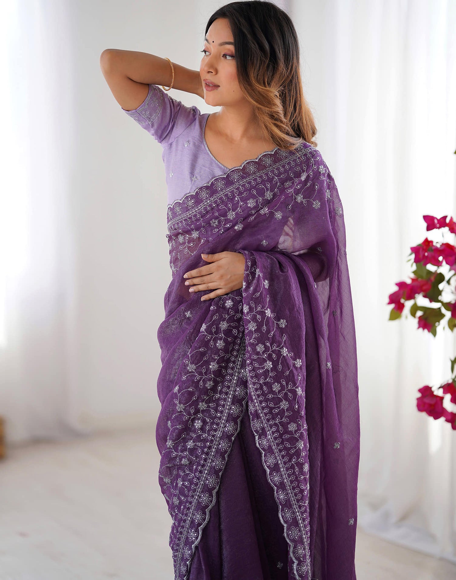 Purple Shimmer Sequence Embroidery Saree