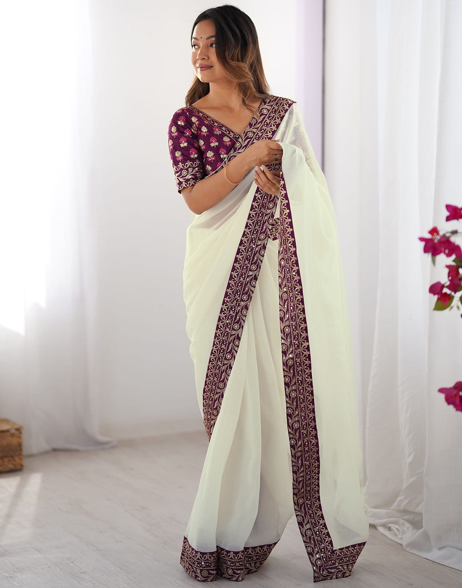 Off White Shimmer Lace Solid Saree