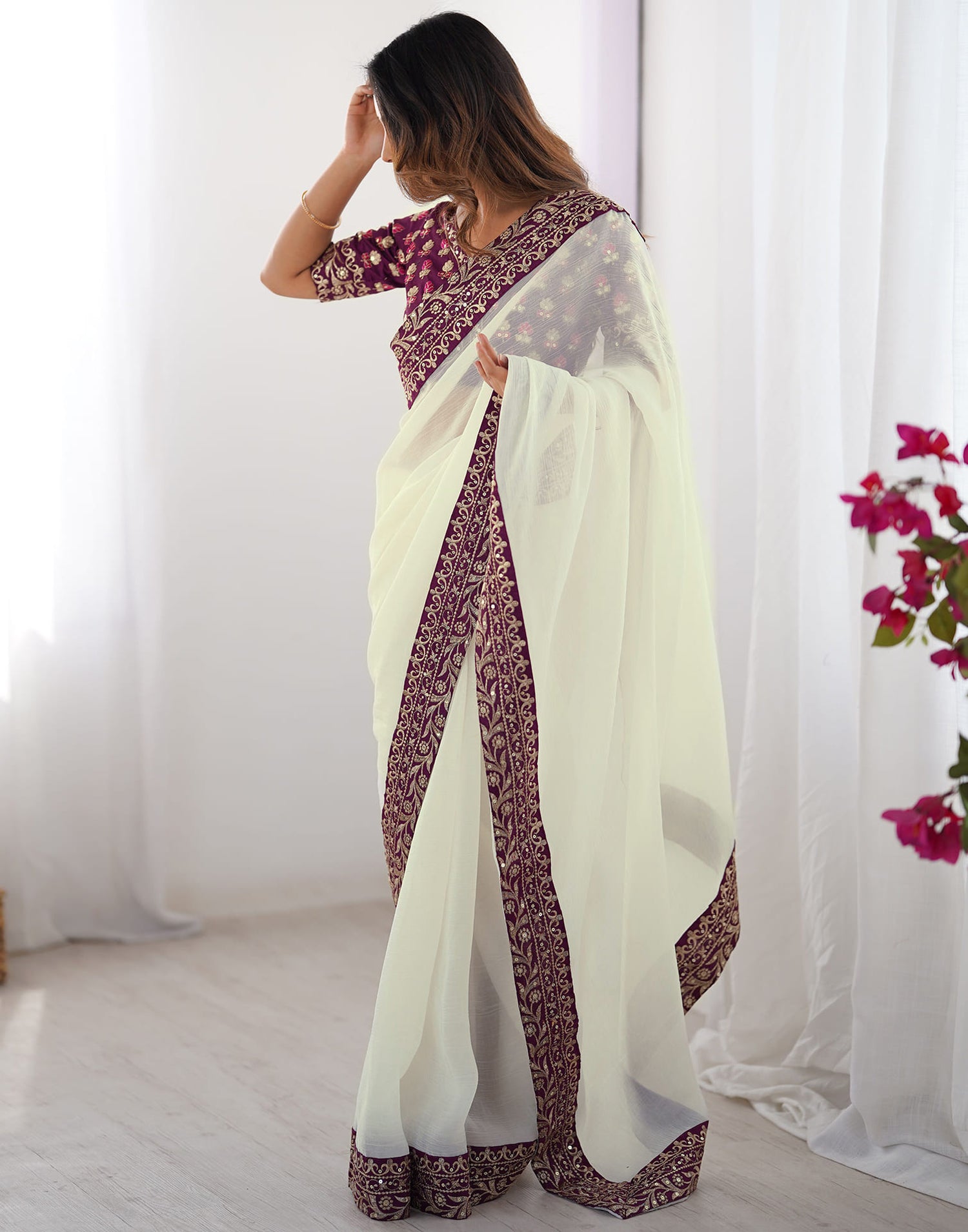 Off White Shimmer Lace Solid Saree
