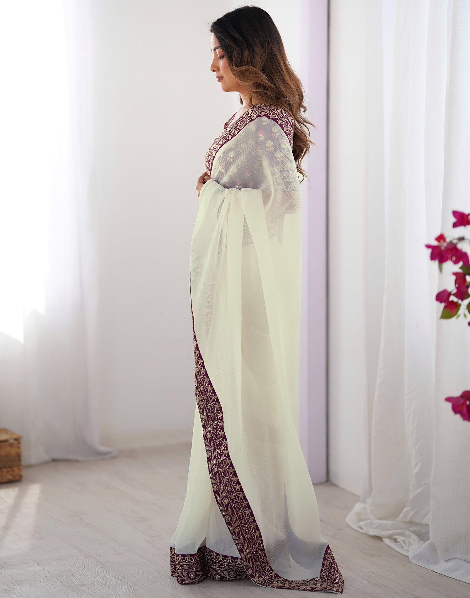 Off White Shimmer Lace Solid Saree