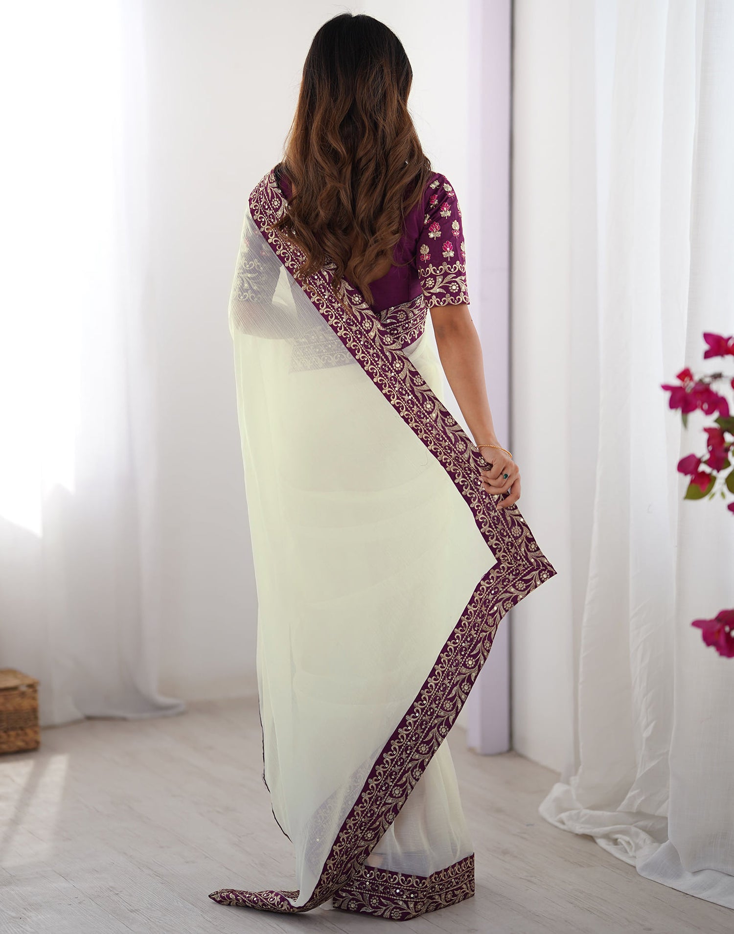 Off White Shimmer Lace Solid Saree