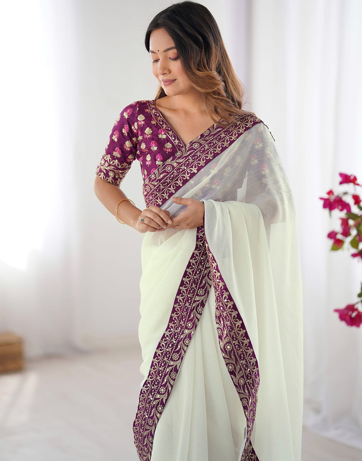 Off White Shimmer Lace Solid Saree