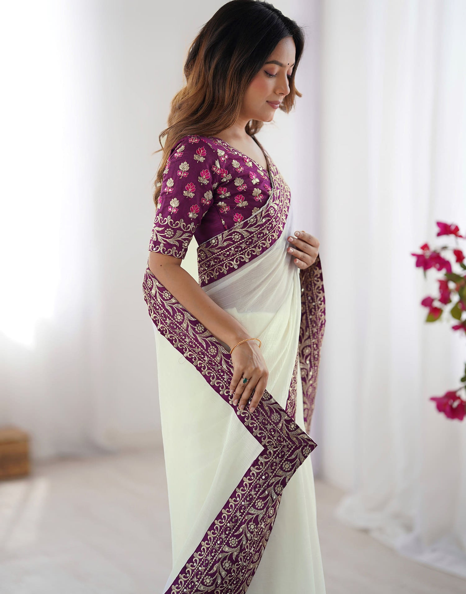 Off White Shimmer Lace Solid Saree