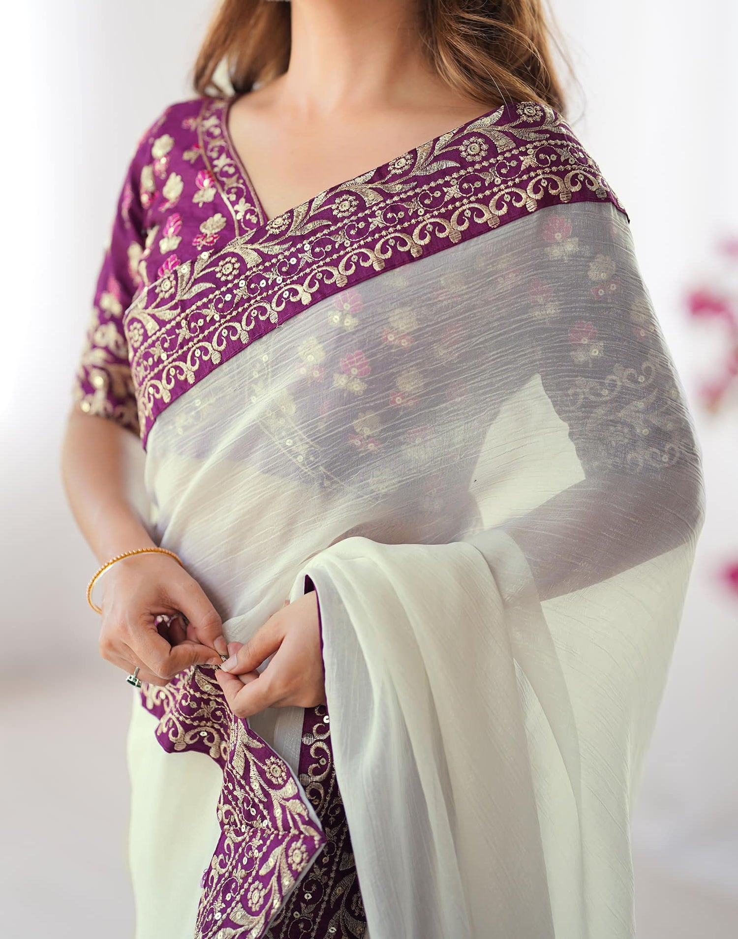 Off White Shimmer Lace Solid Saree
