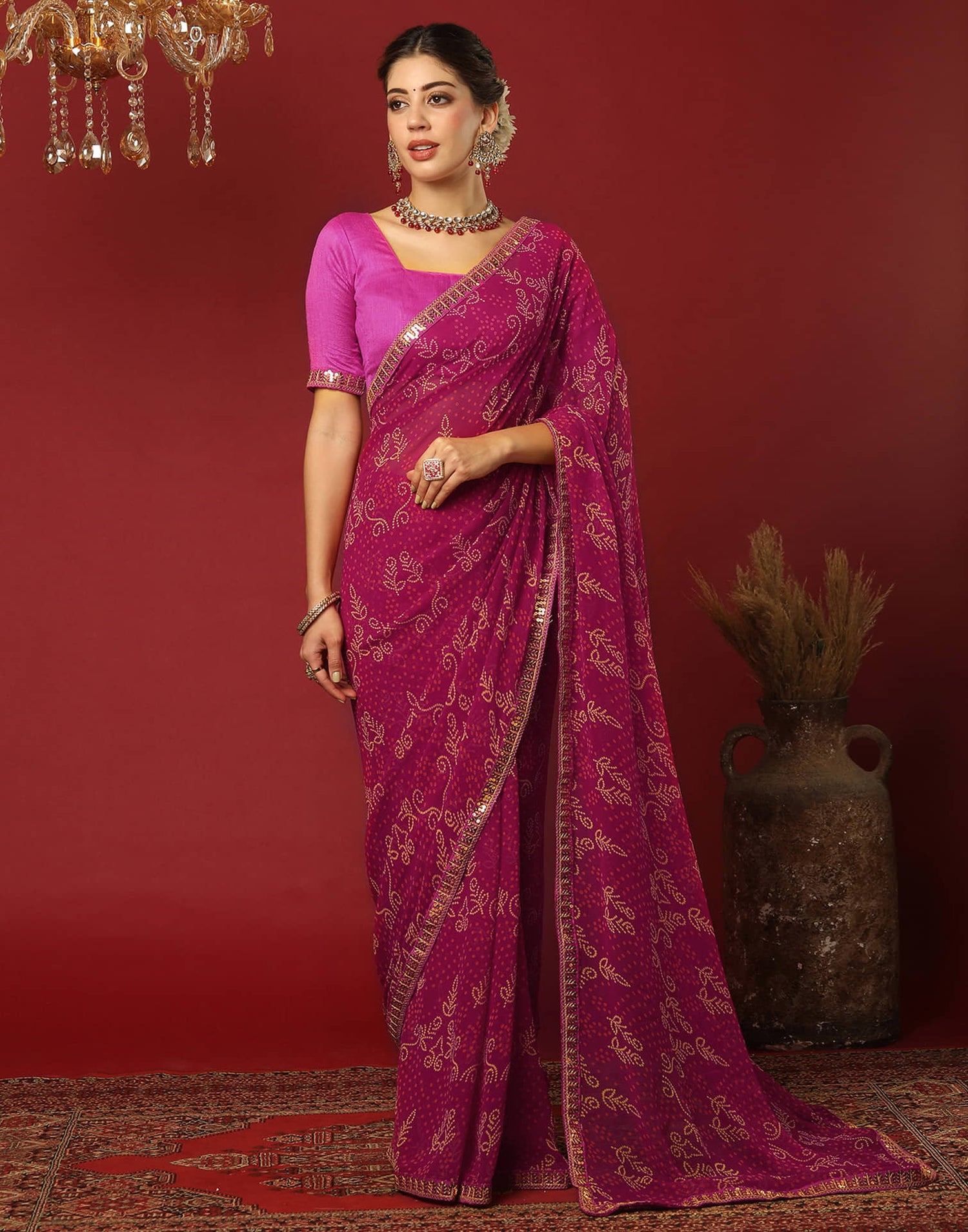 Rani Pink Georgette Printed Bandhani Saree