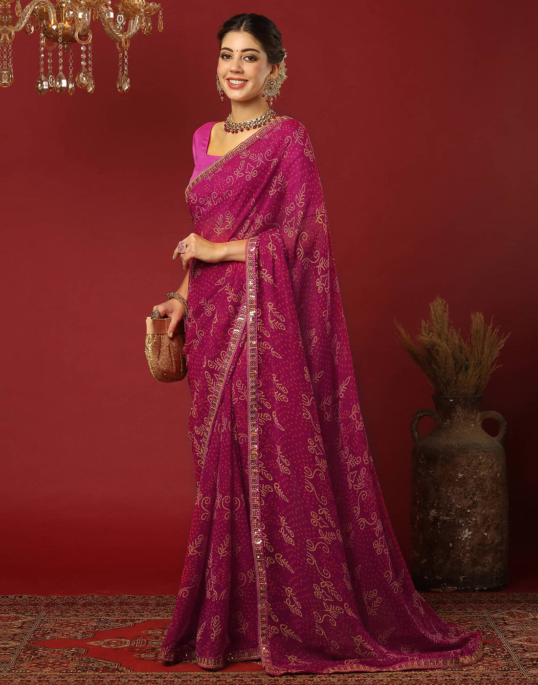Rani Pink Georgette Printed Bandhani Saree