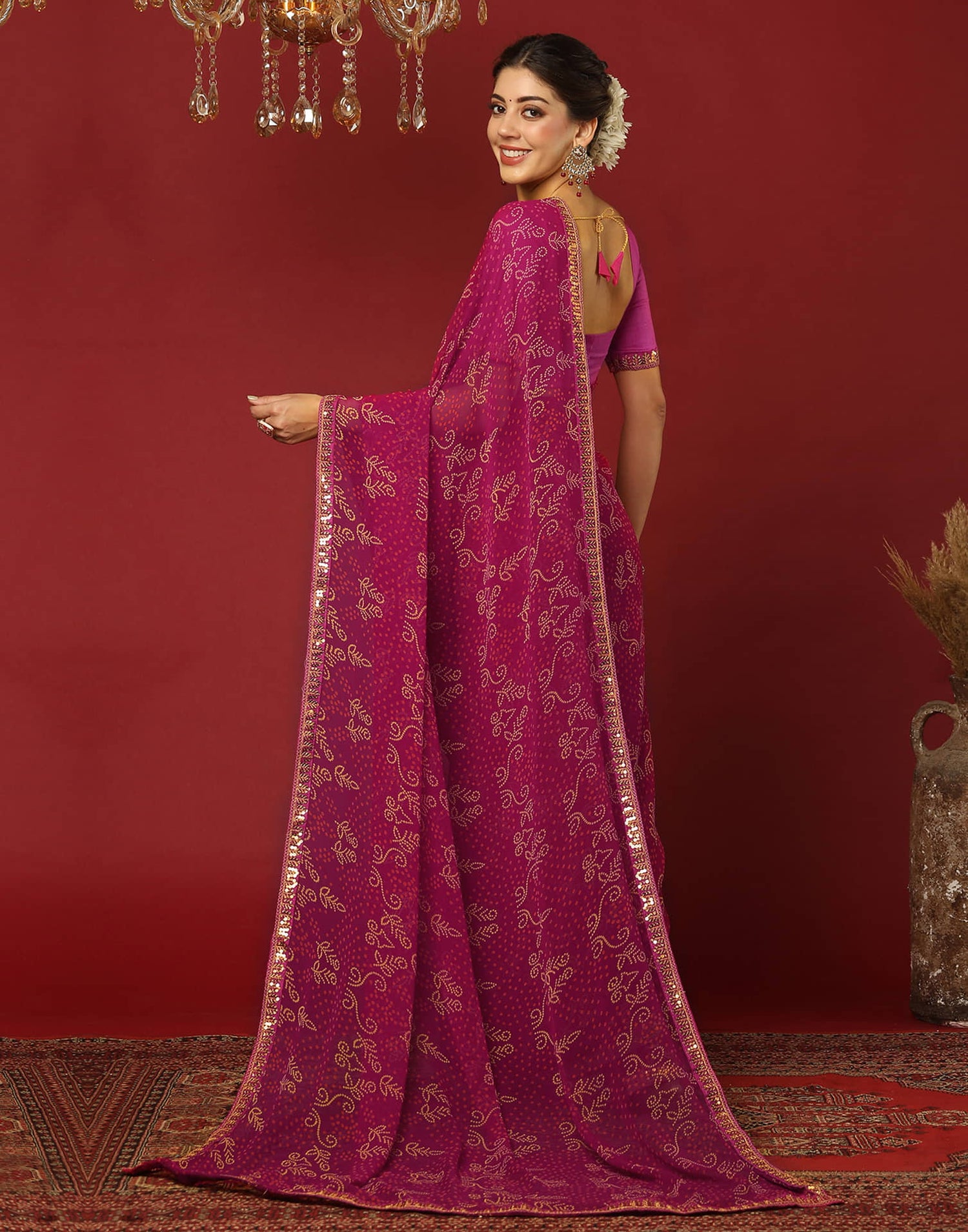 Rani Pink Georgette Printed Bandhani Saree
