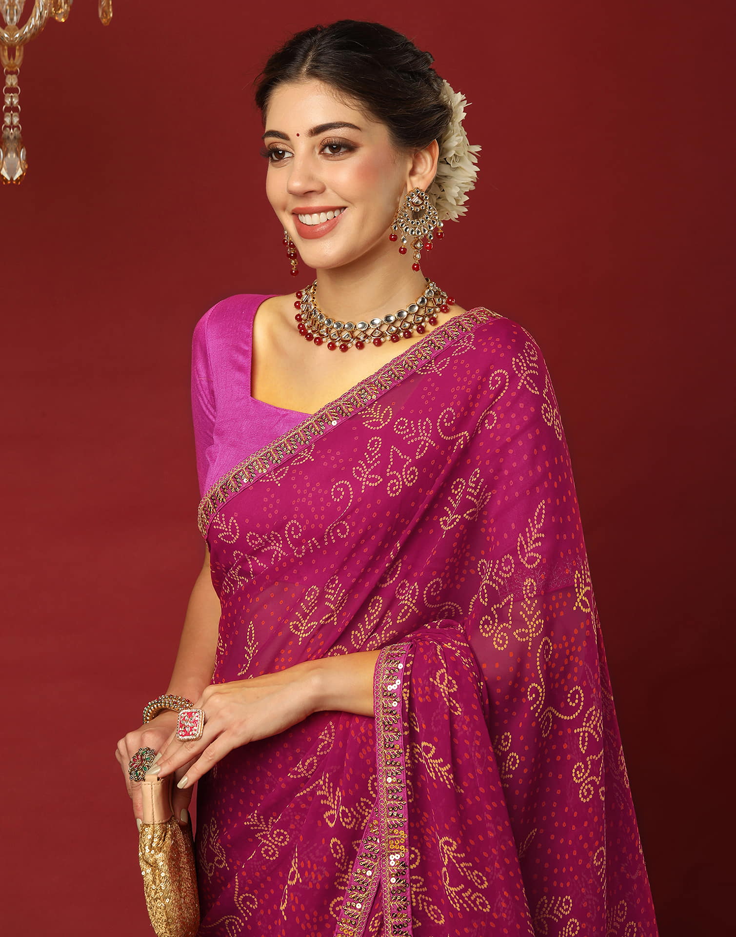 Rani Pink Georgette Printed Bandhani Saree