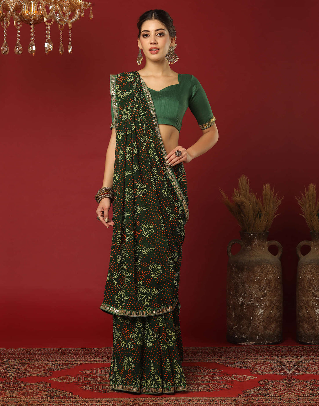 Dark Green Georgette Printed Bandhani Saree