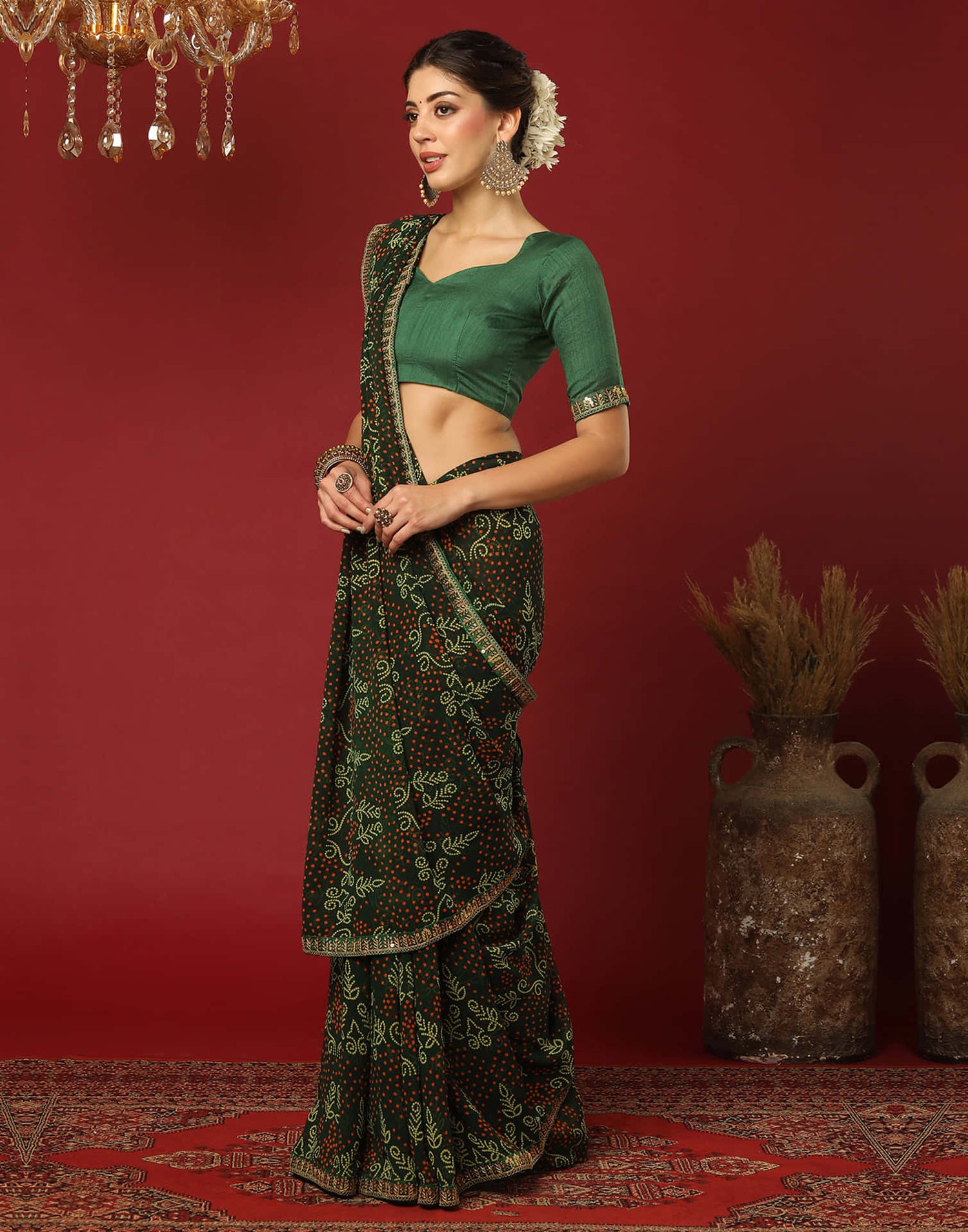 Dark Green Georgette Printed Bandhani Saree