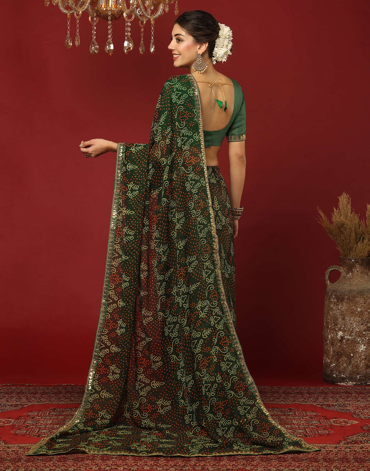 Dark Green Georgette Printed Bandhani Saree