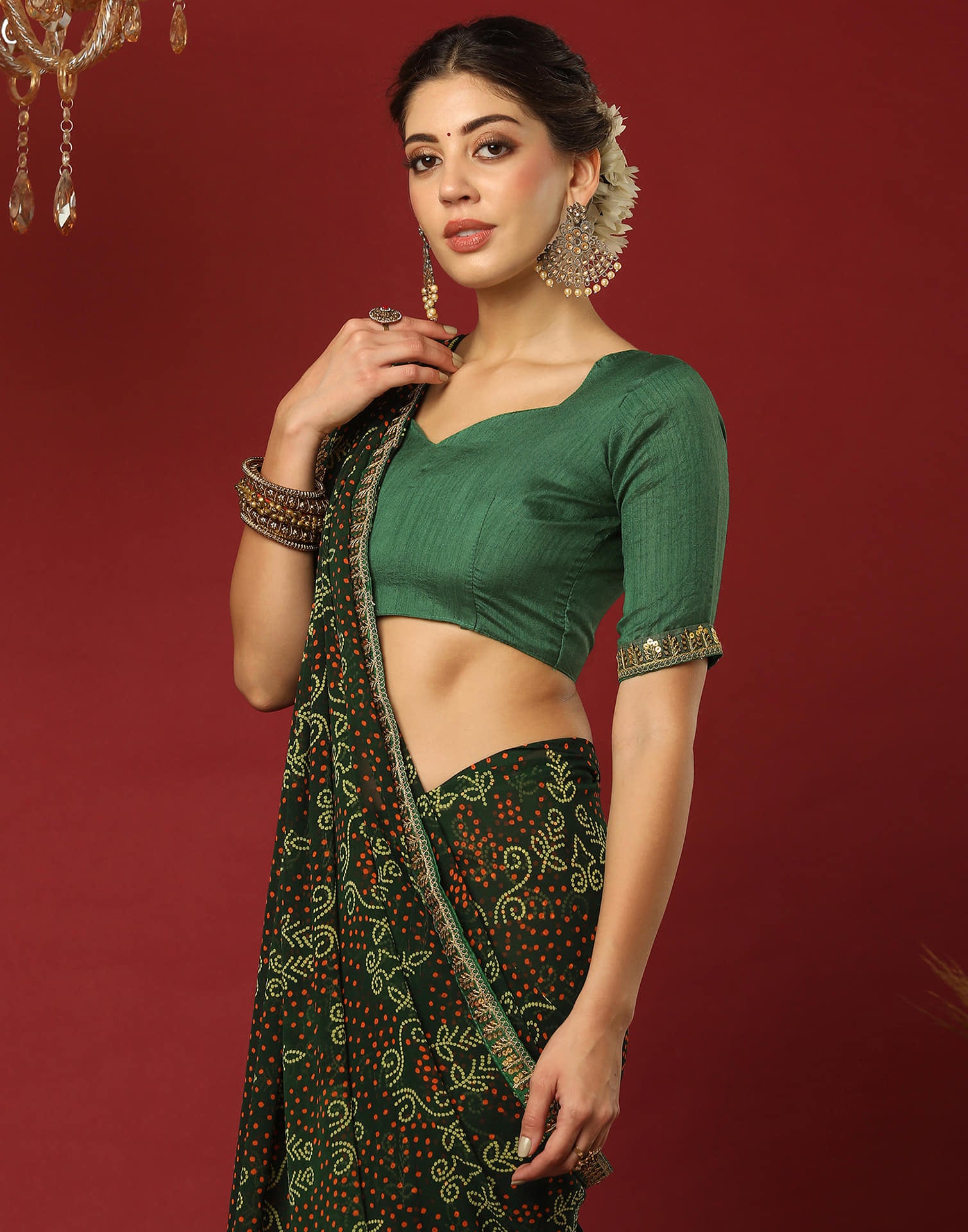 Dark Green Georgette Printed Bandhani Saree