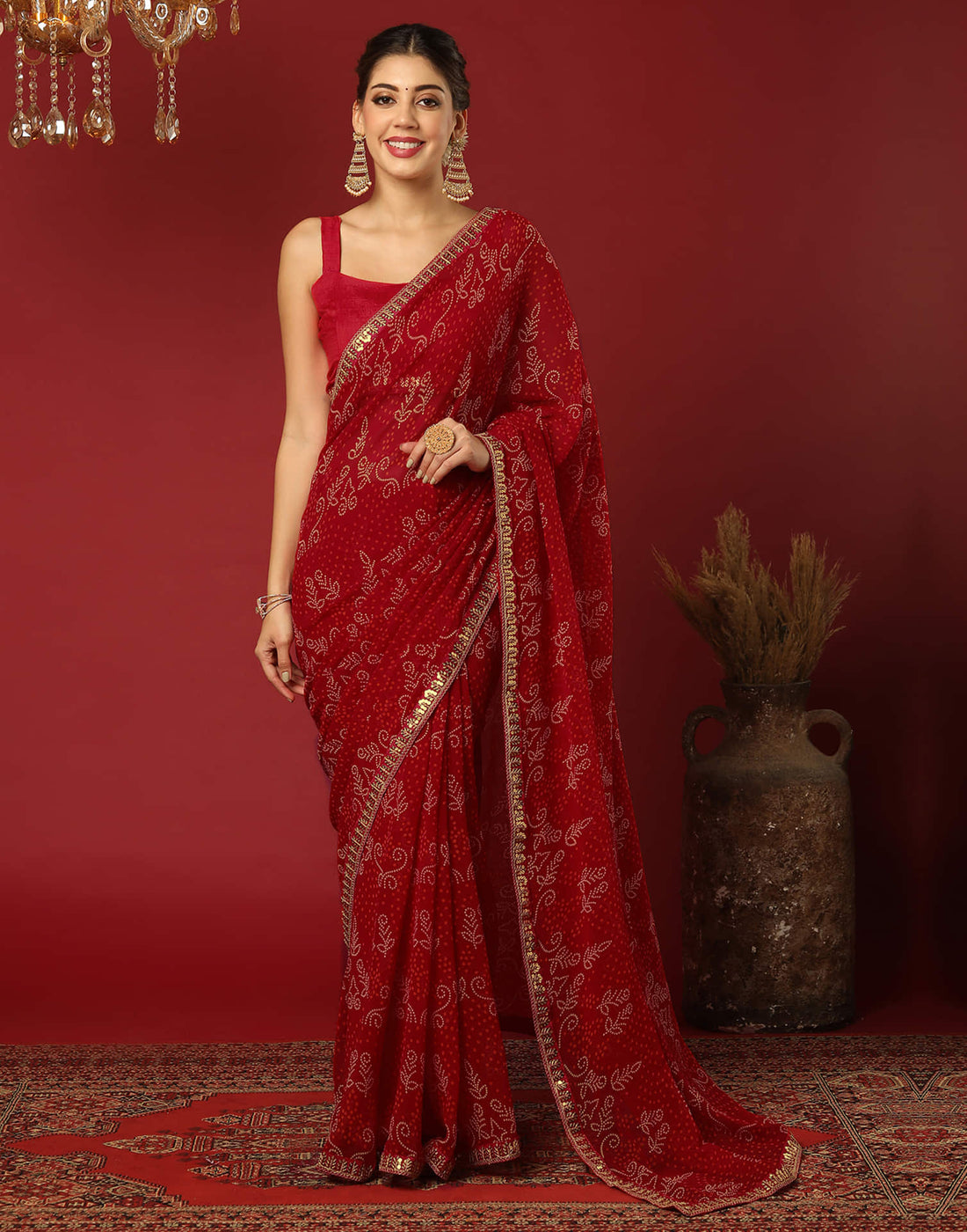 Red Georgette Printed Bandhani Saree