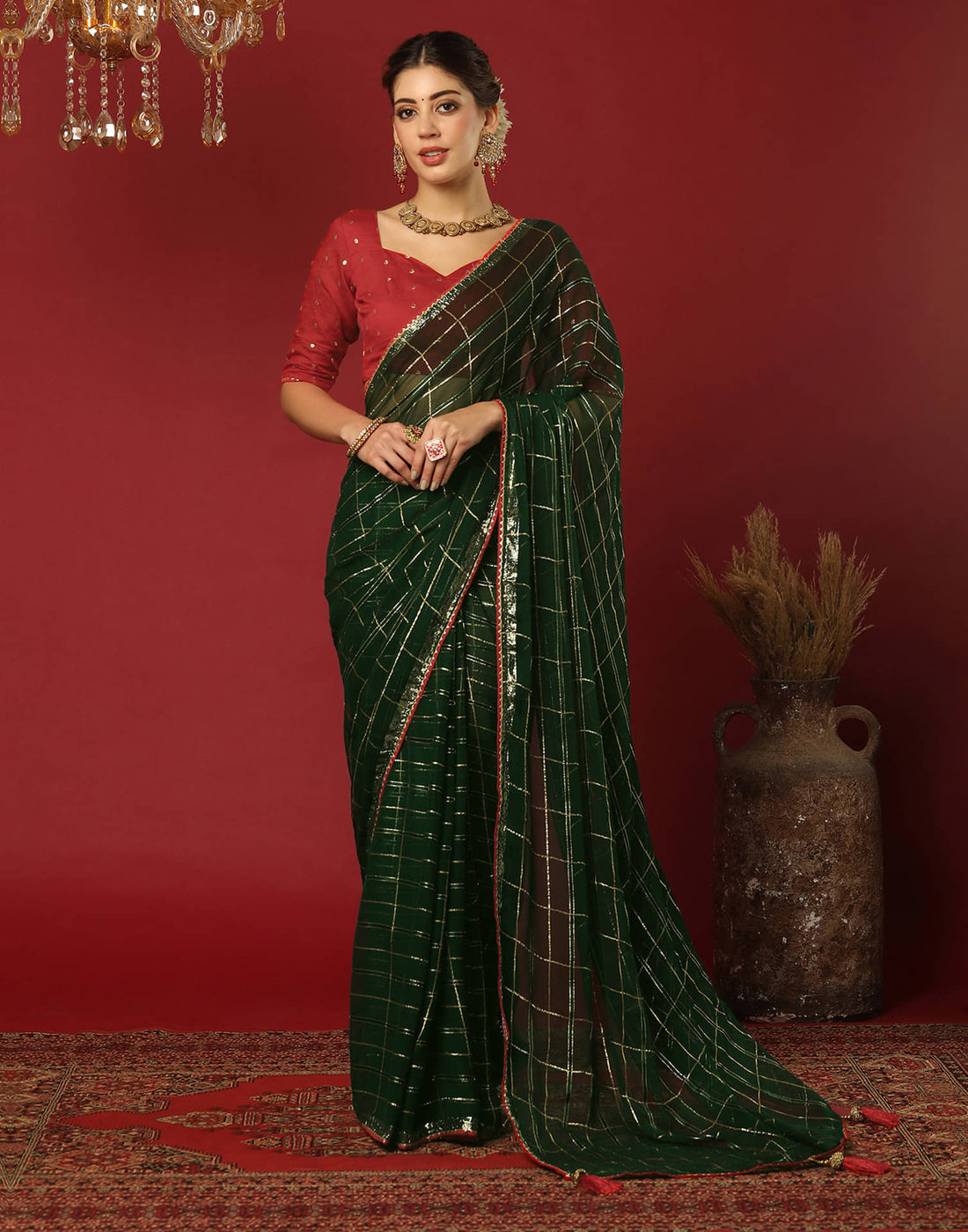 Dark Green Georgette Zari Woven Saree