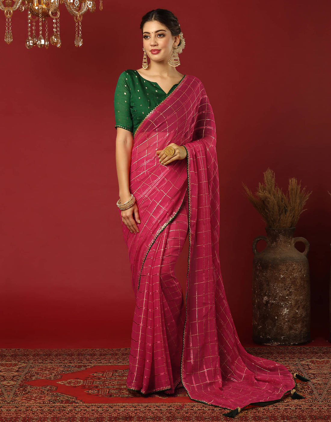 Dark Pink Georgette Zari Woven Saree