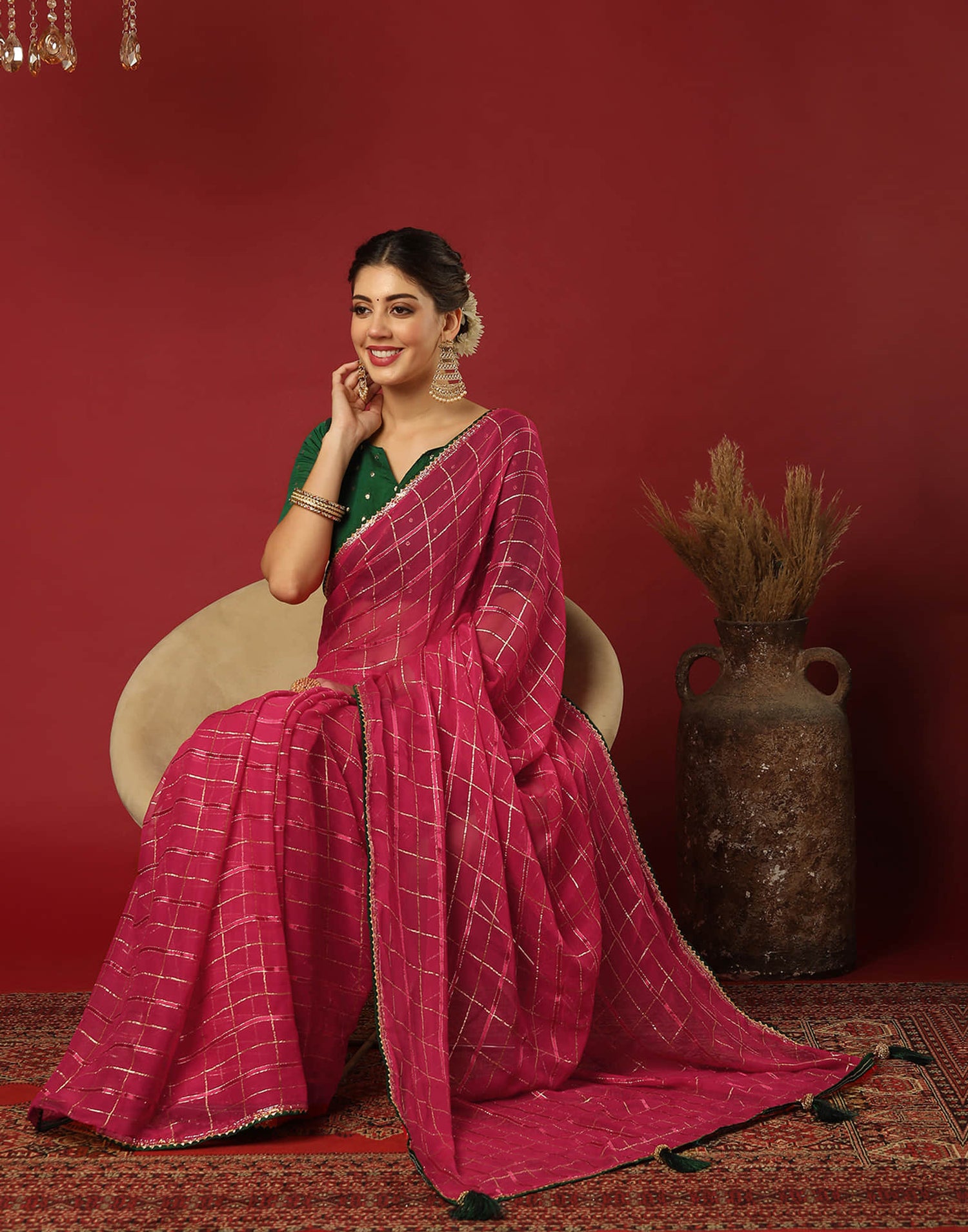 Dark Pink Georgette Zari Woven Saree