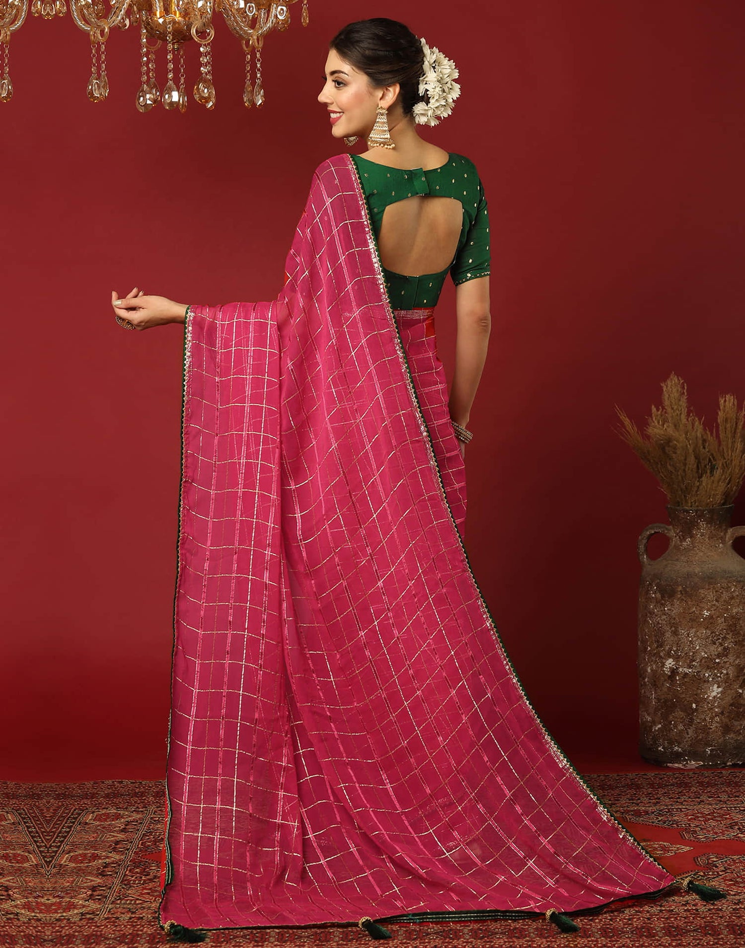 Dark Pink Georgette Zari Woven Saree