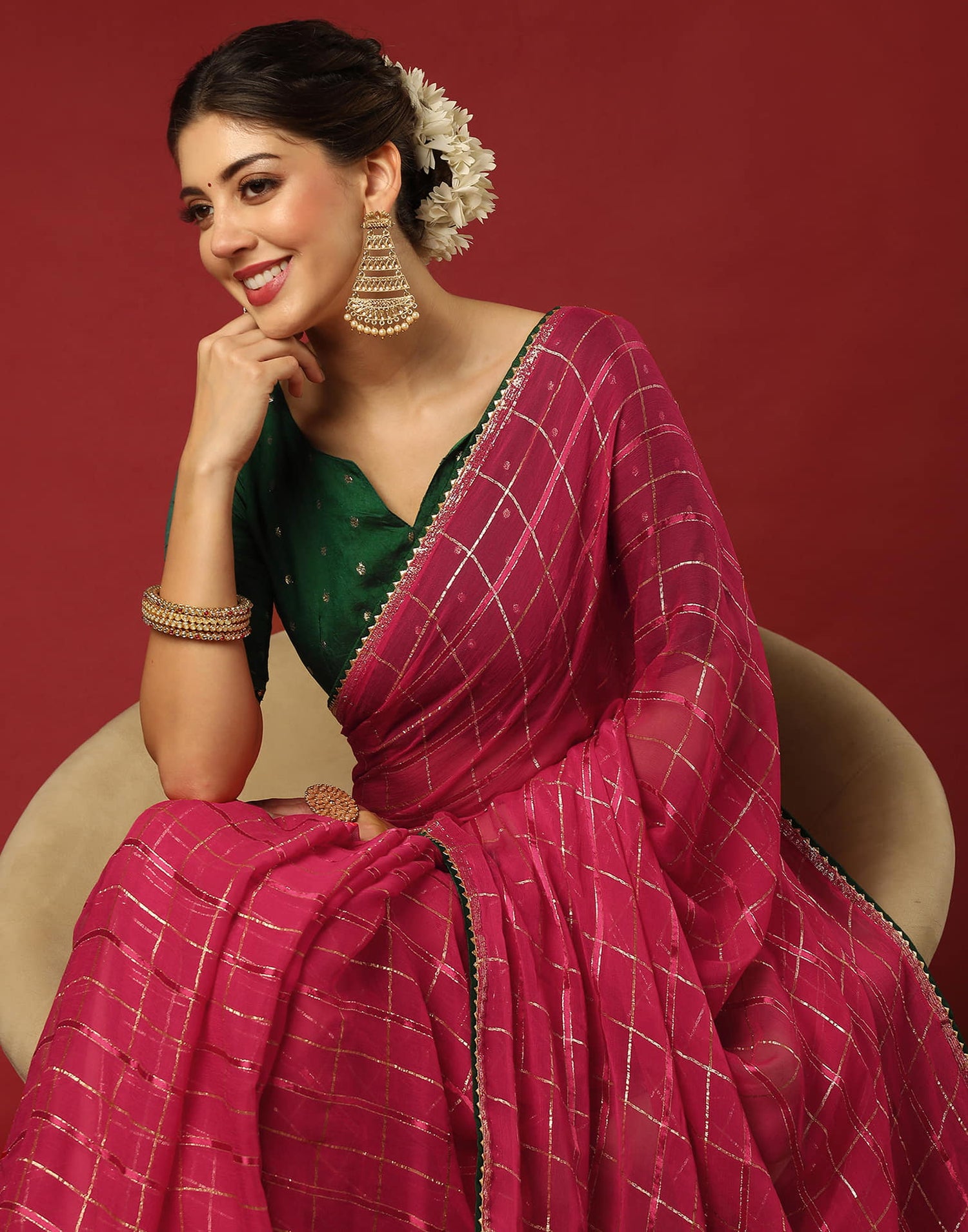 Dark Pink Georgette Zari Woven Saree