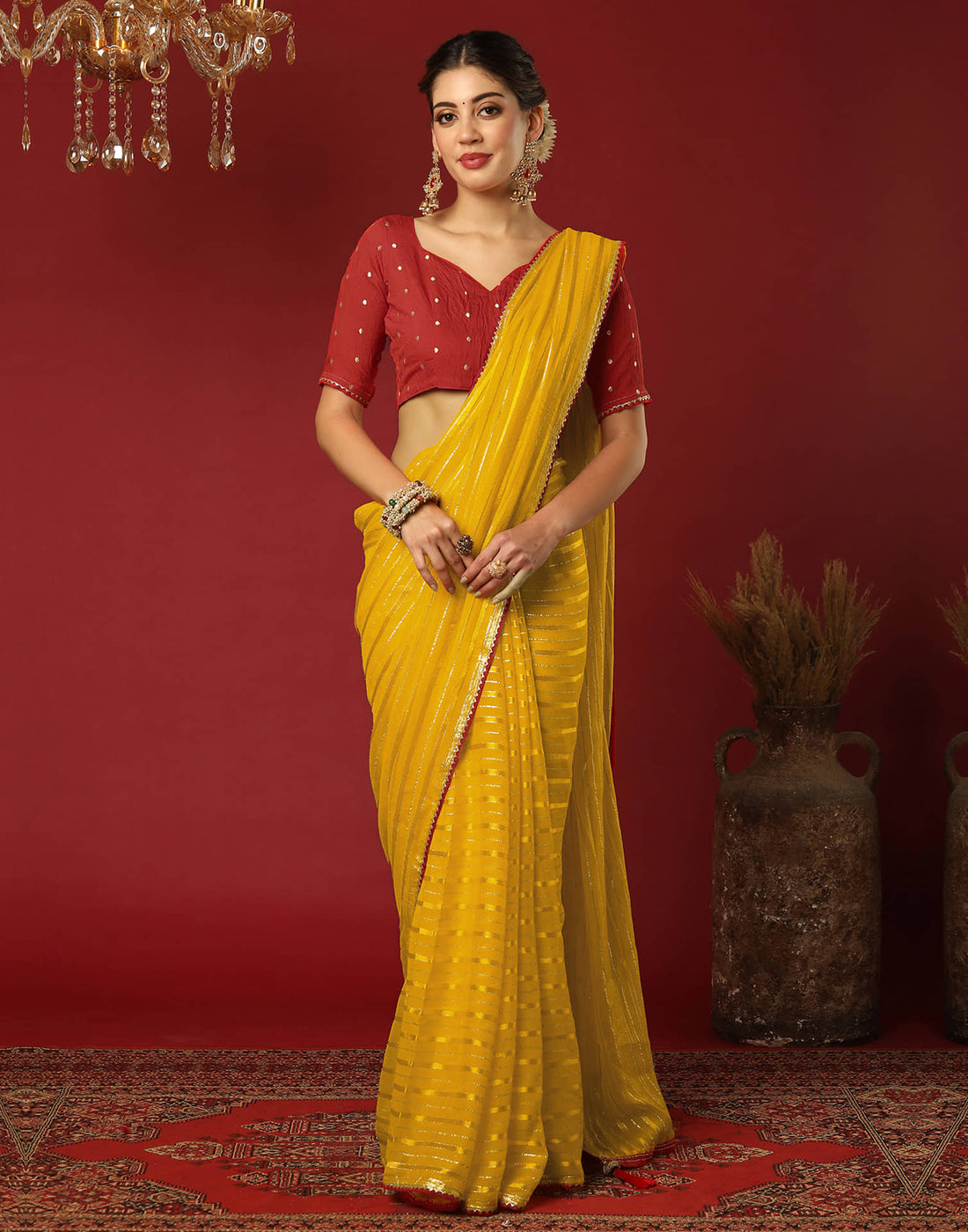 Yellow Georgette Zari Woven Saree