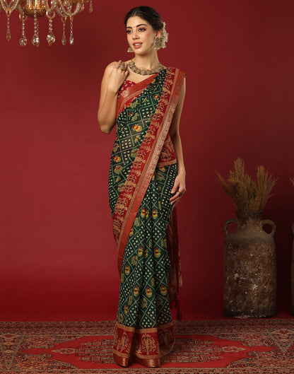 Dark Green Georgette Printed Bandhani Saree