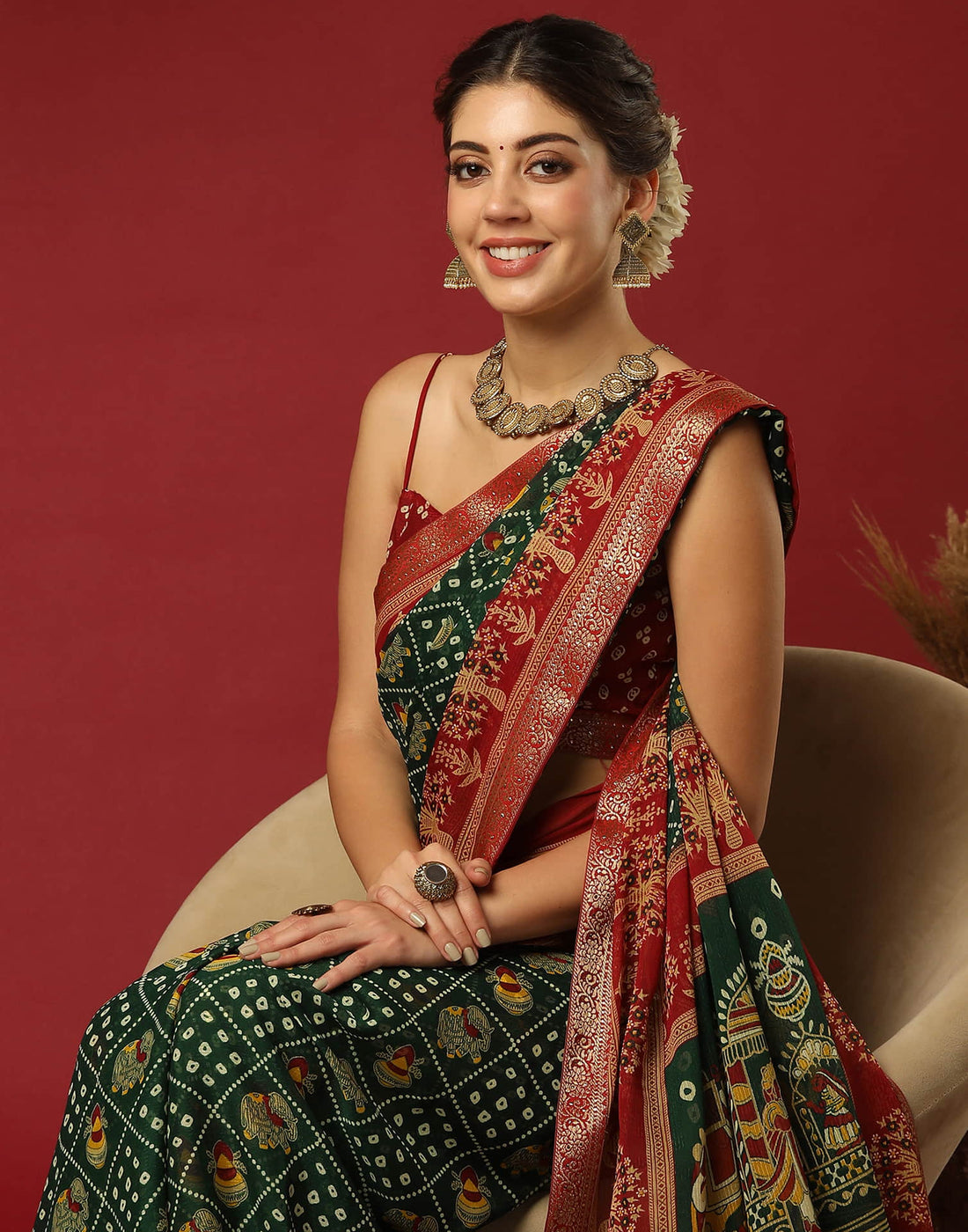 Dark Green Georgette Printed Bandhani Saree