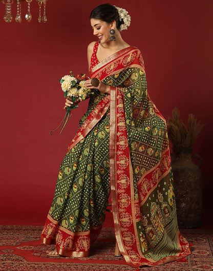 Olive Green Georgette Printed Bandhani Saree