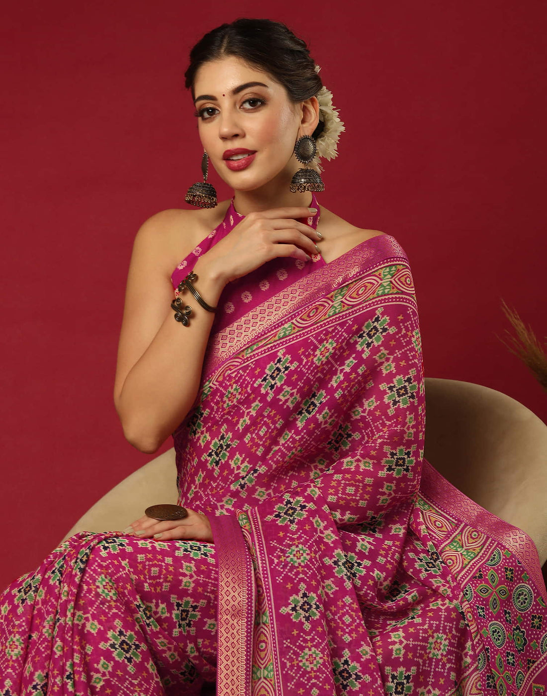 Rani Pink Georgette Printed Patola Saree