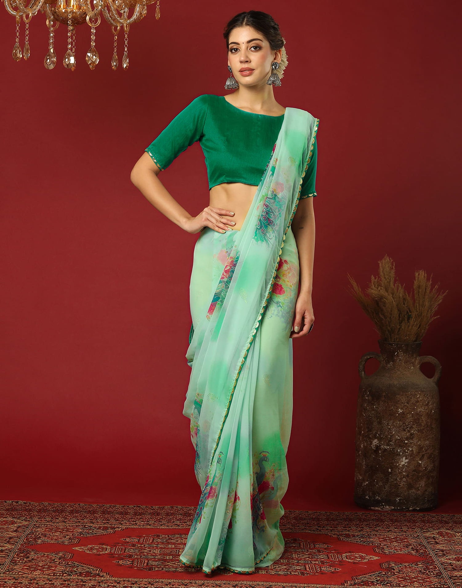 Light Sea Green Georgette Printed Saree