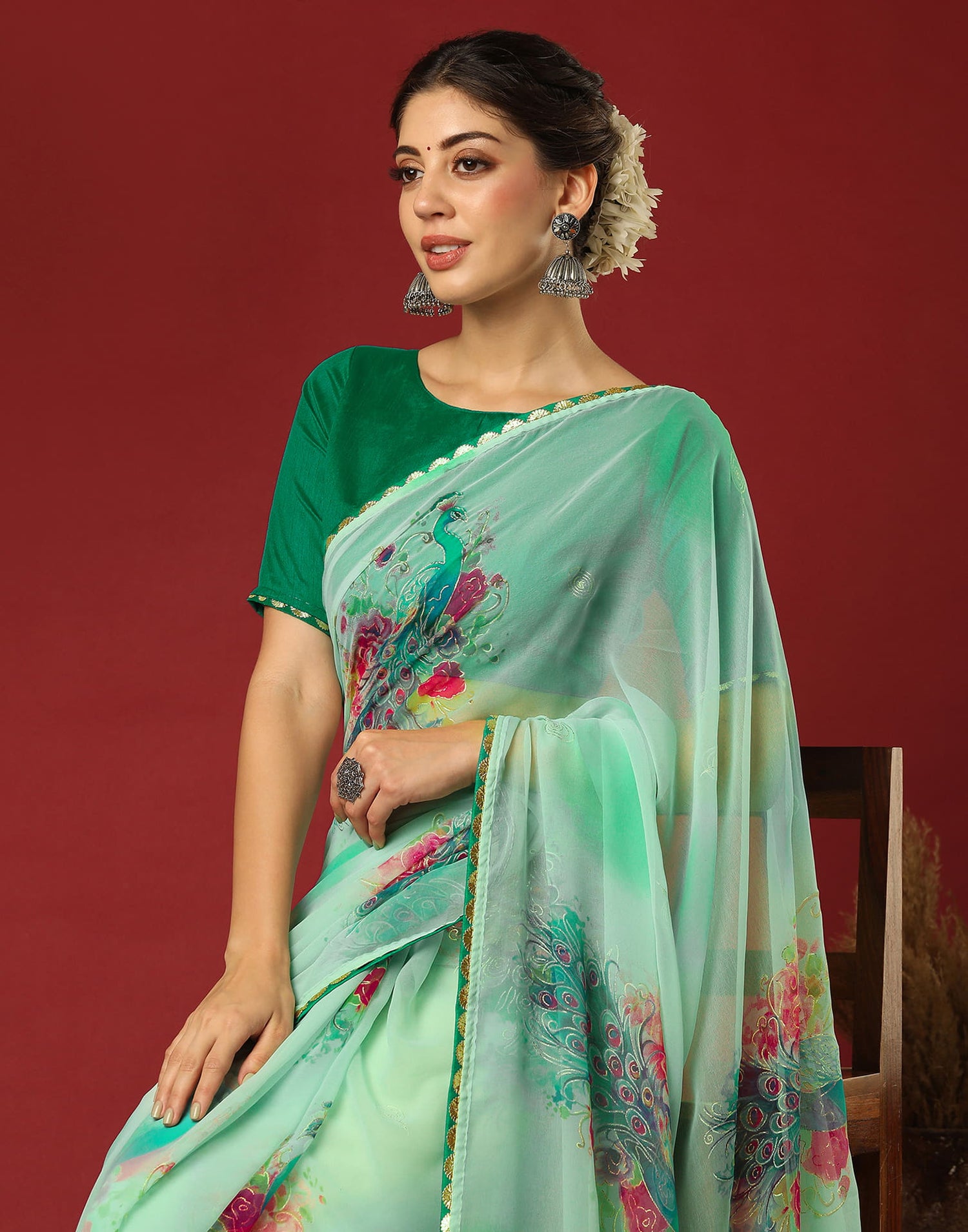 Light Sea Green Georgette Printed Saree