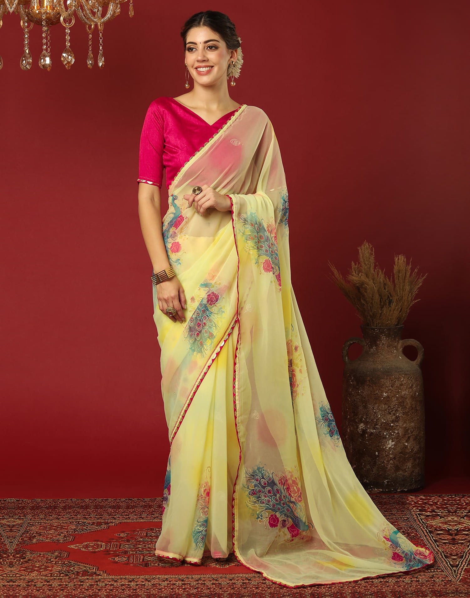 Light Yellow Georgette Printed Saree