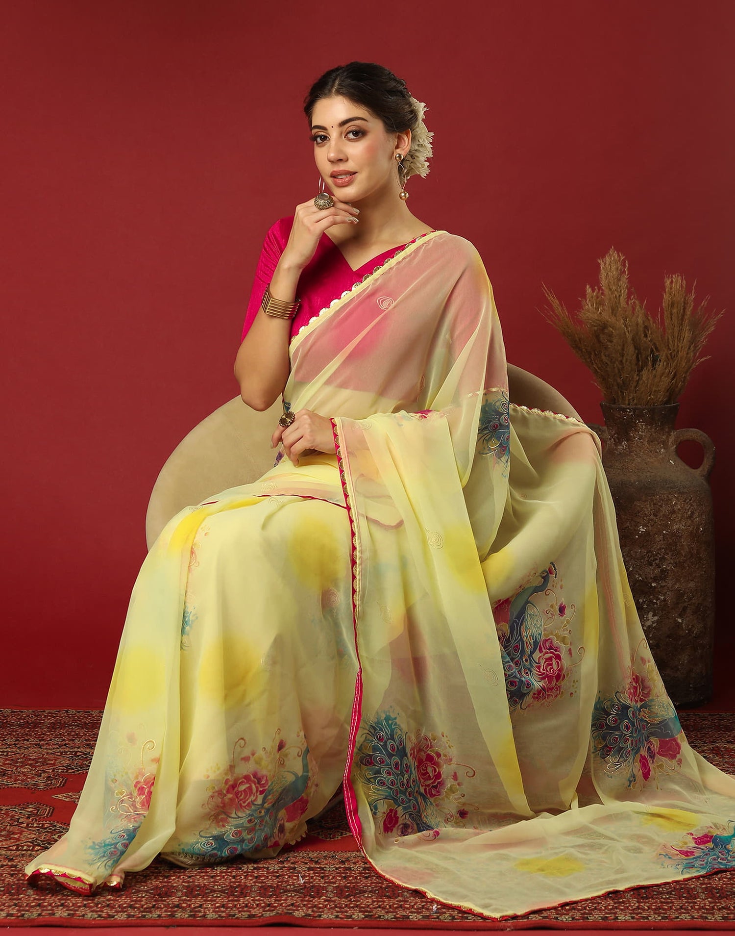 Light Yellow Georgette Printed Saree