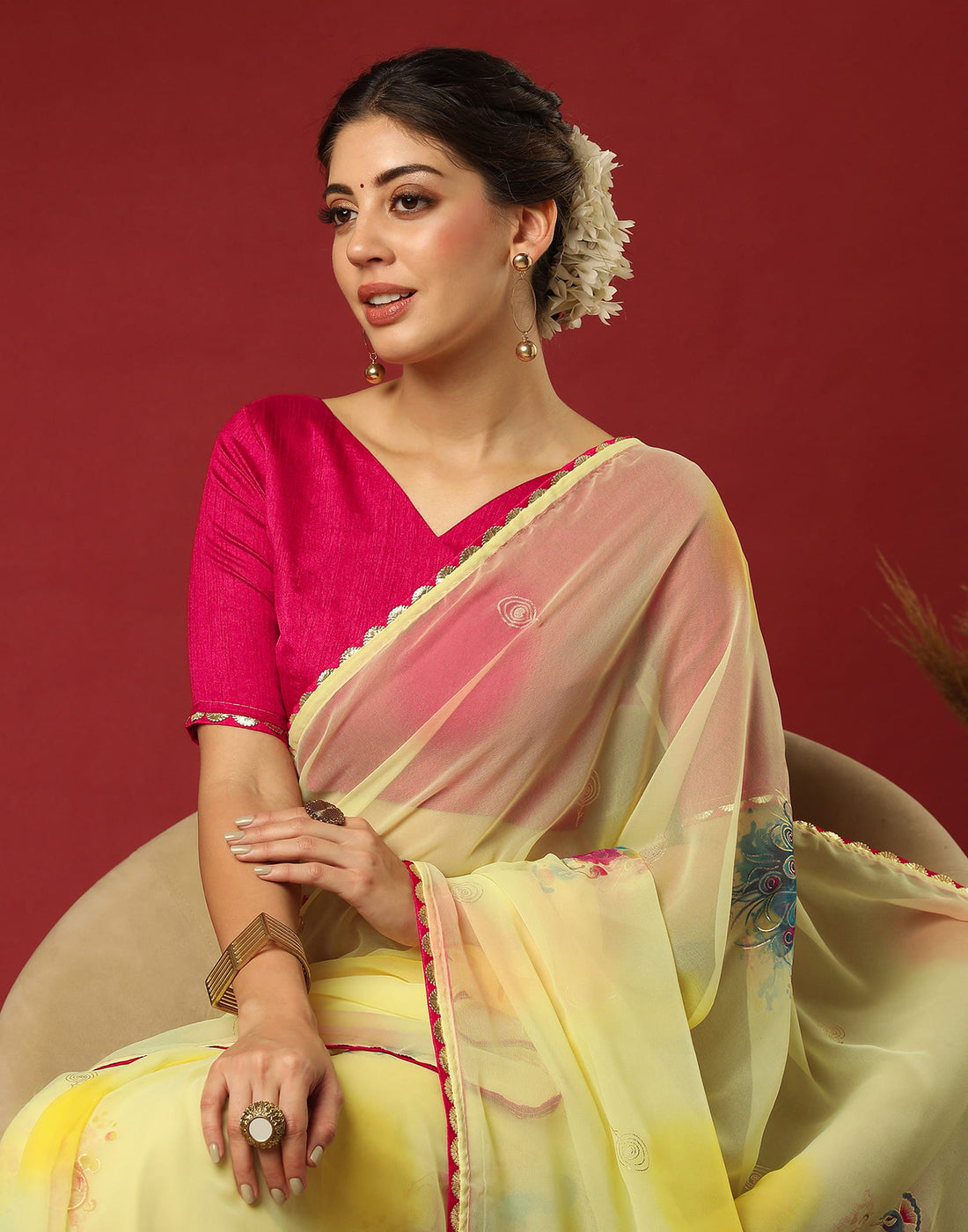 Light Yellow Georgette Printed Saree