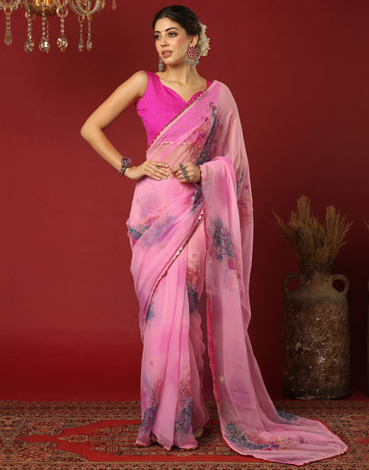 Pink Georgette Printed Saree