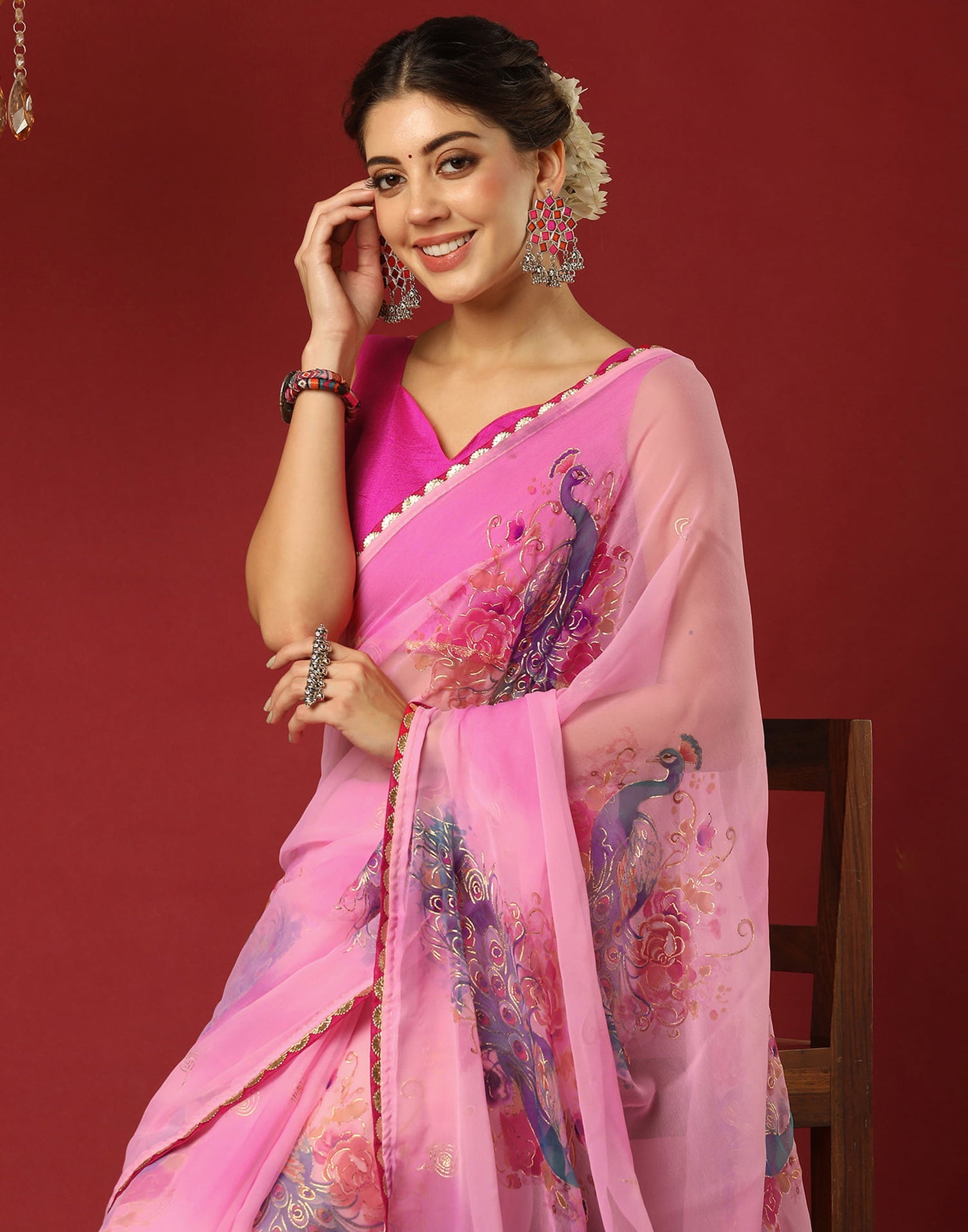 Pink Georgette Printed Saree