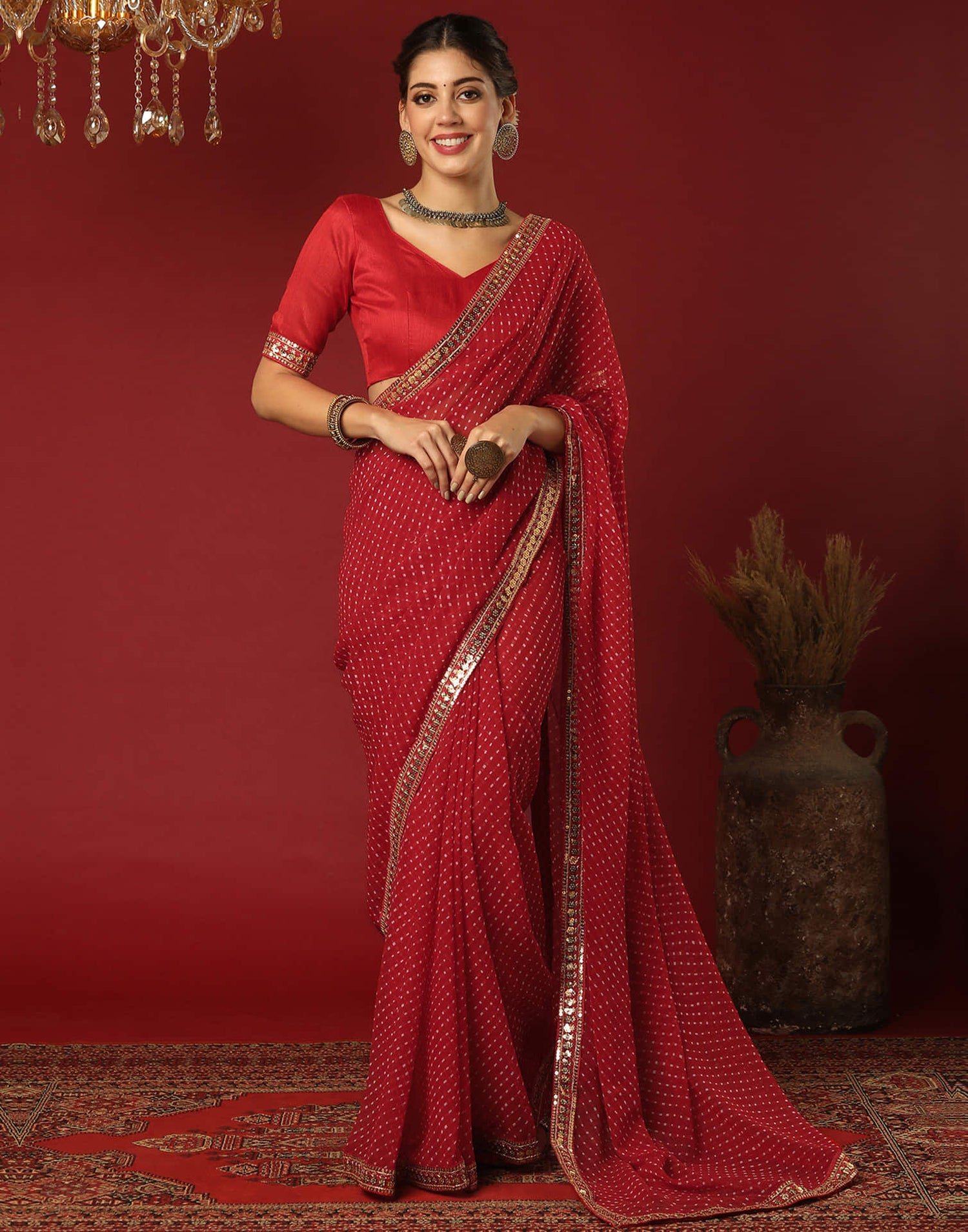 Red Georgette Printed Leheriya Saree
