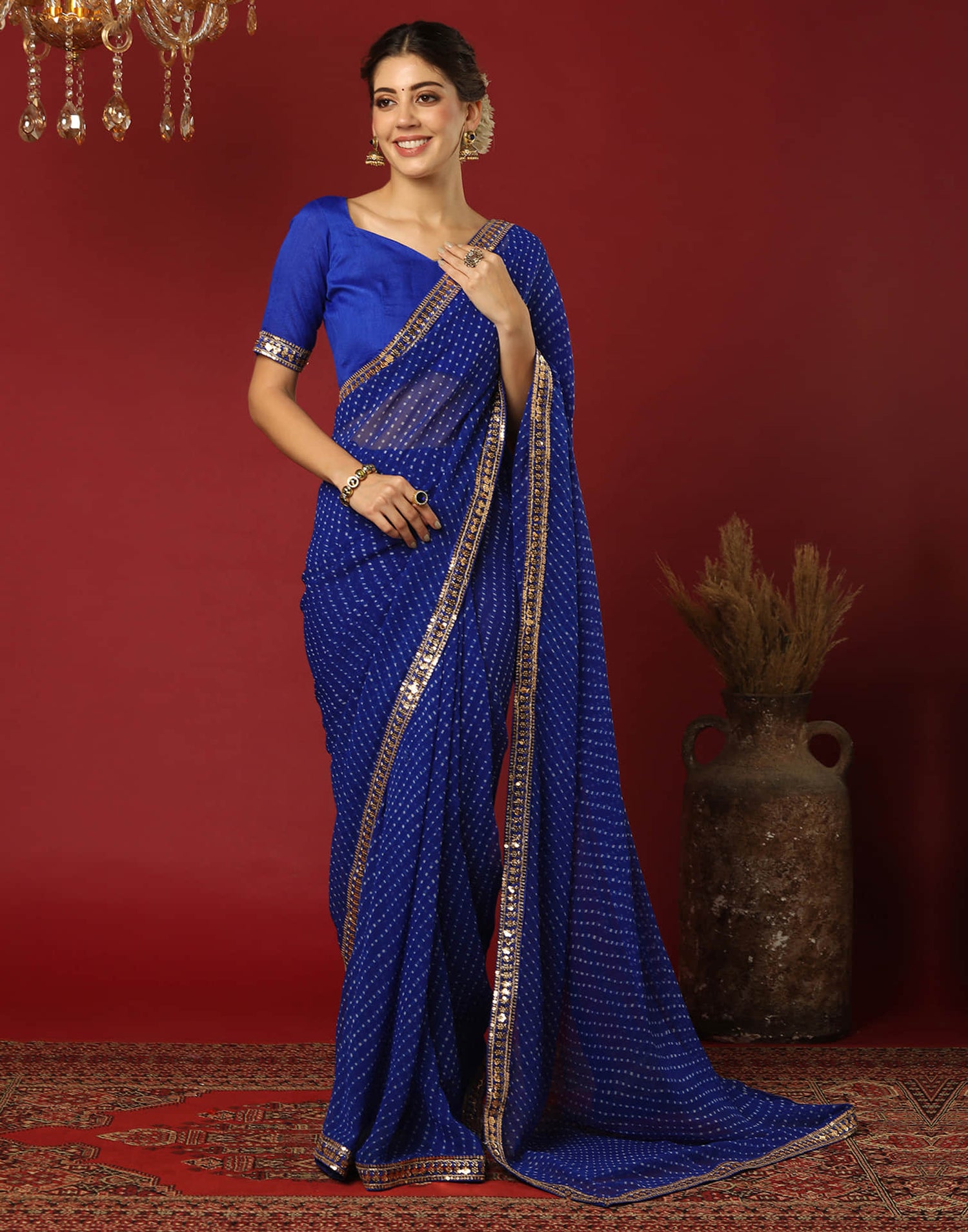 Dark Blue Georgette Printed Leheriya Saree