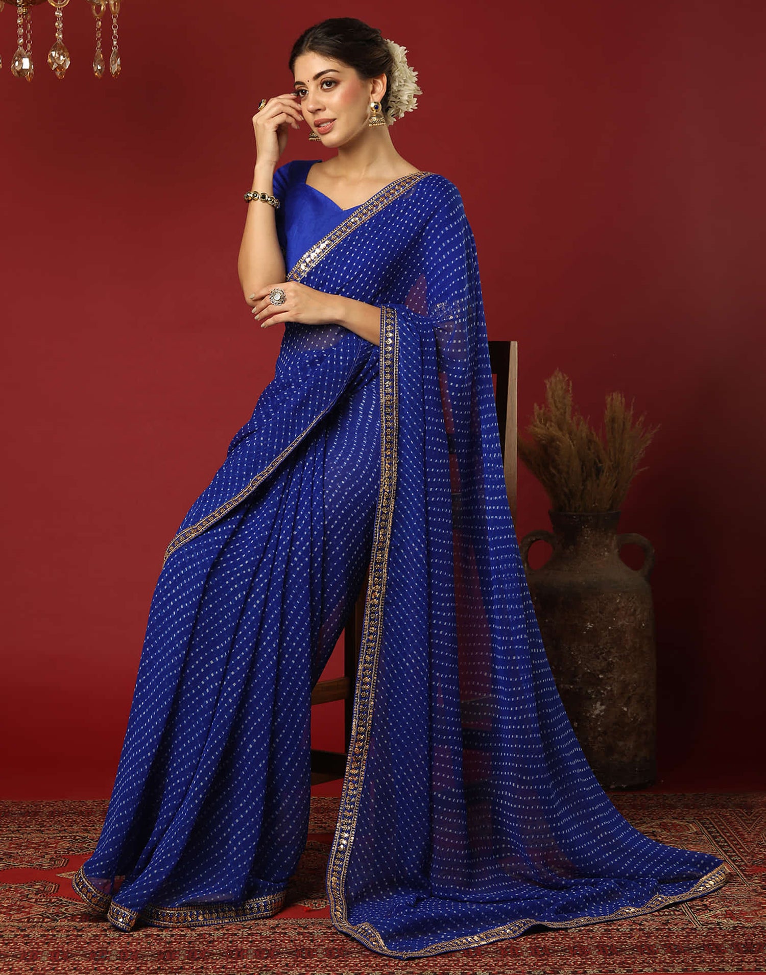 Dark Blue Georgette Printed Leheriya Saree
