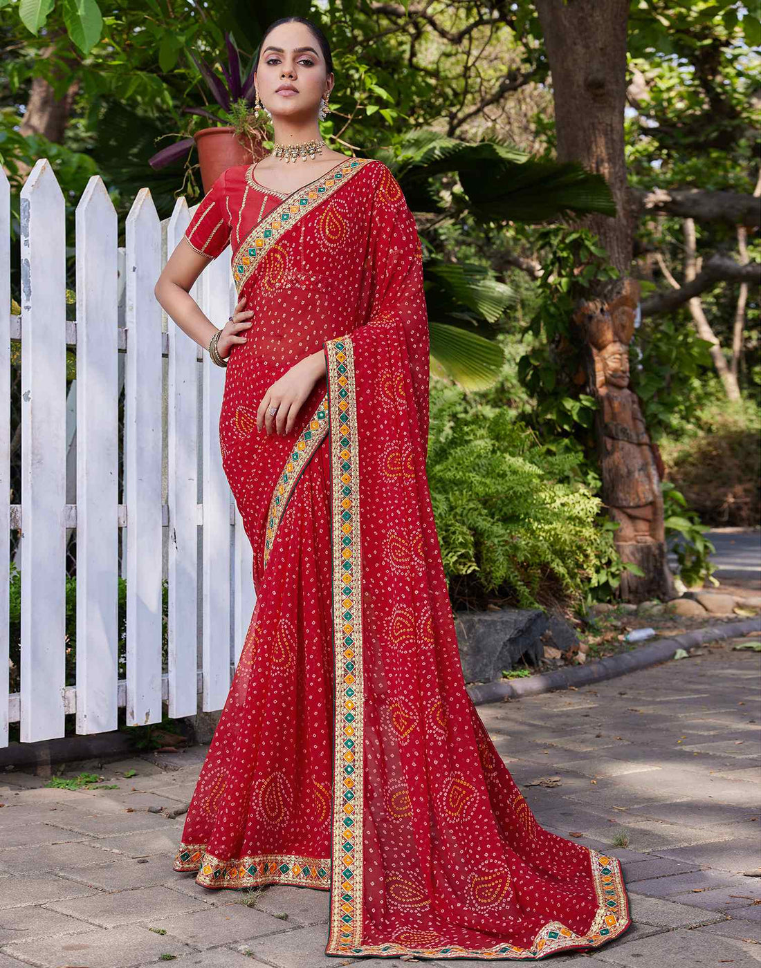 Red Georgette Bandhani Printed Saree