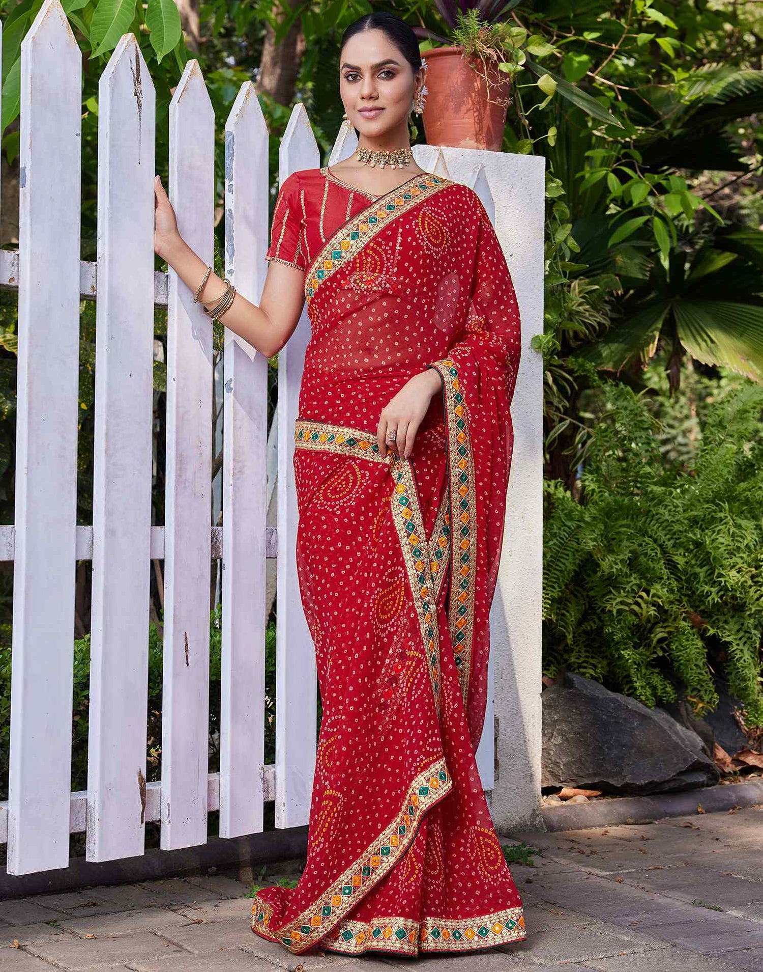Red Georgette Bandhani Printed Saree