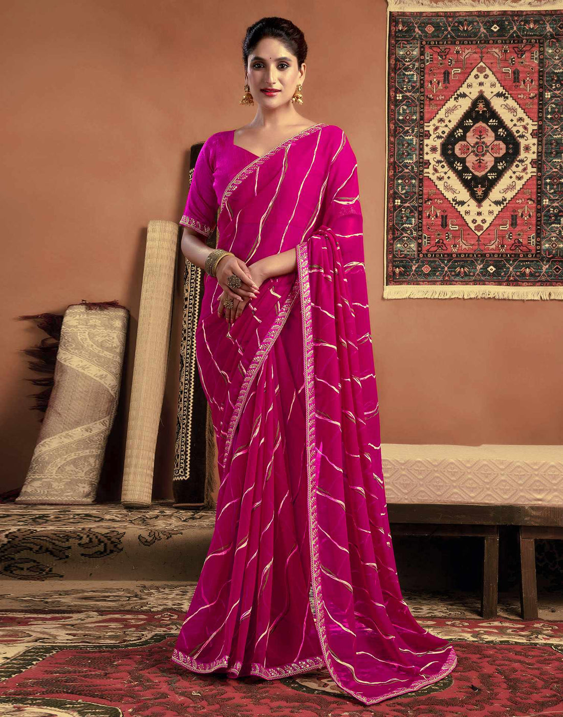Magenta Georgette Leheriya Printed Saree