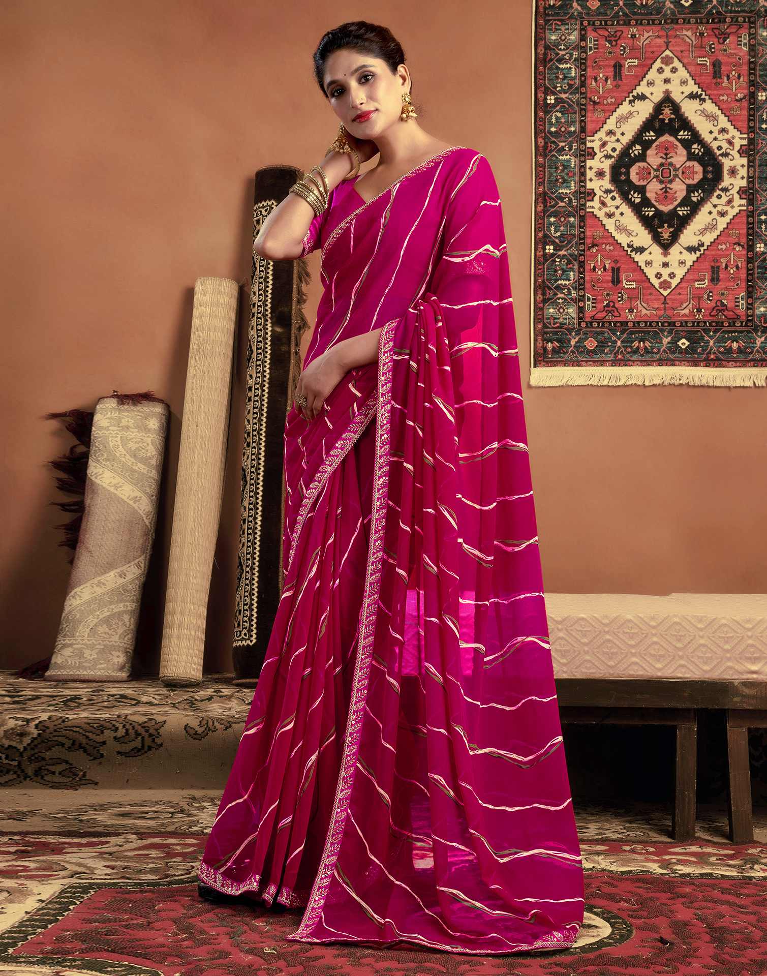 Magenta Georgette Laheriya Printed Saree