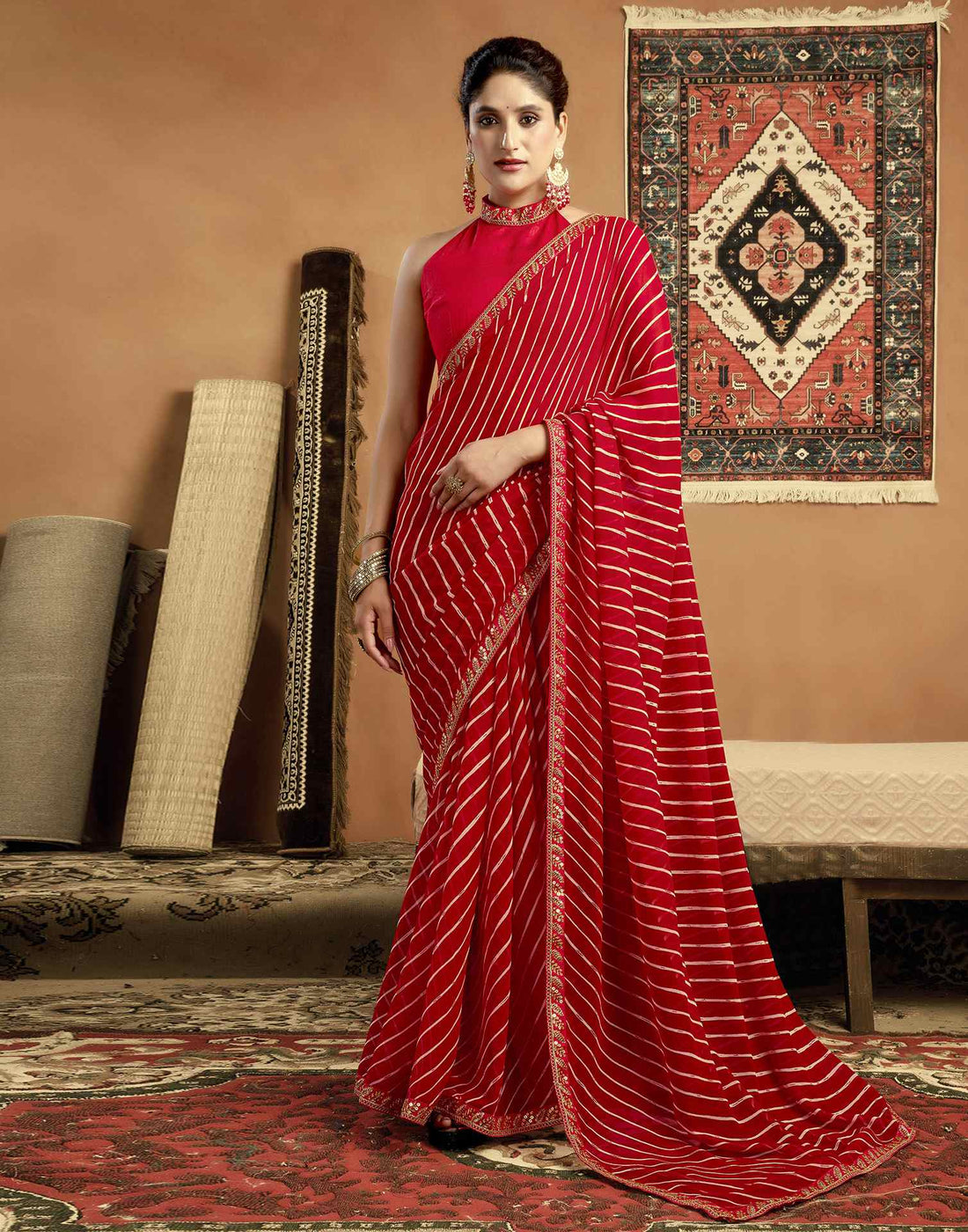 Red Georgette Leheriya Printed Saree