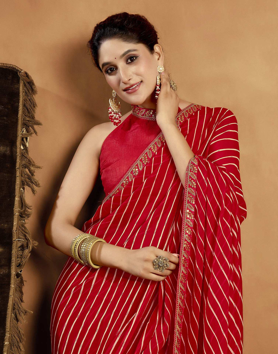 Red Georgette Leheriya Printed Saree