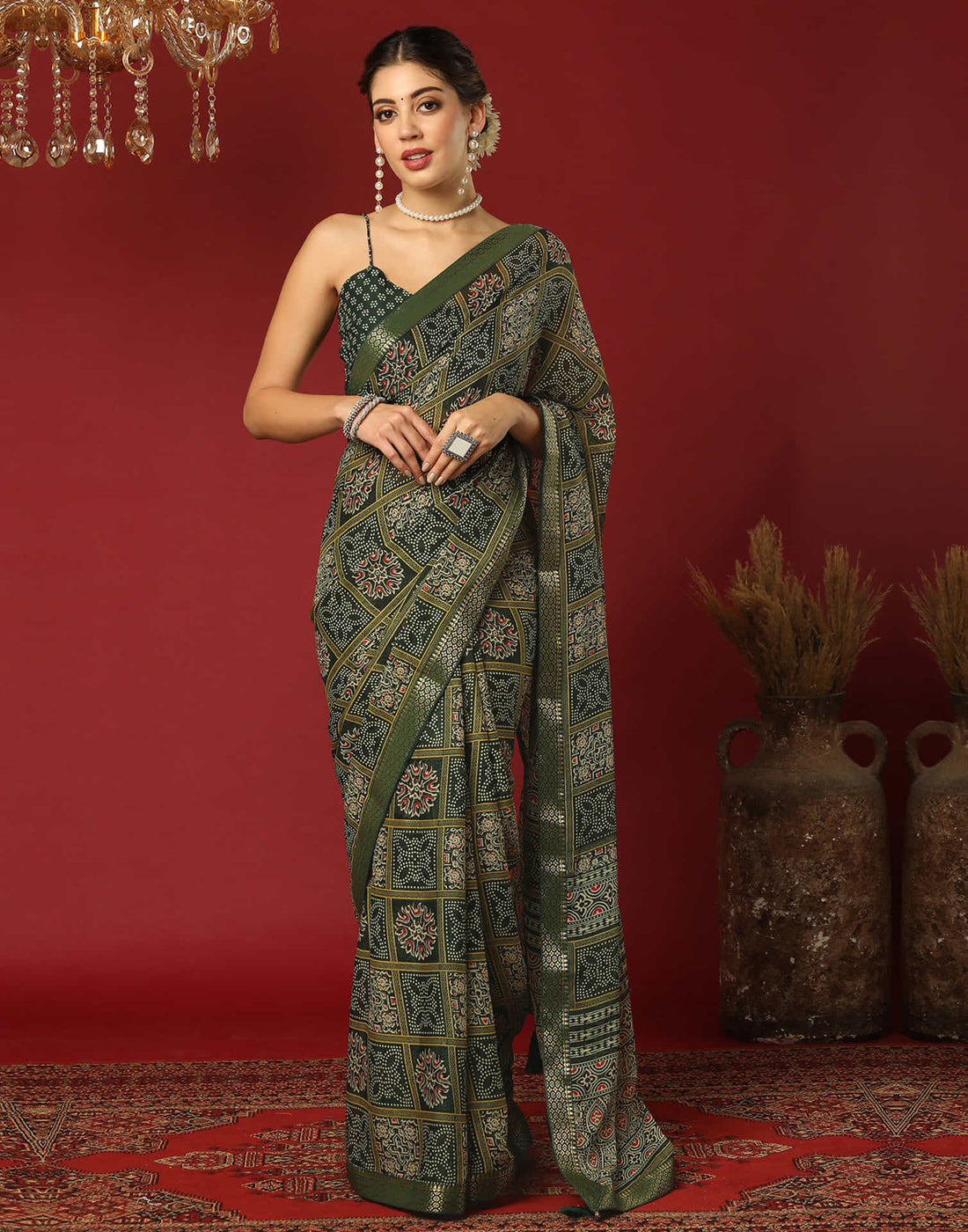 Dark Green Georgette Printed Bandhani Saree