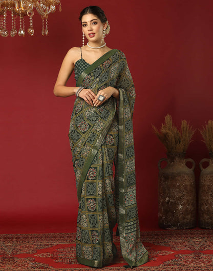 Dark Green Georgette Printed Bandhani Saree
